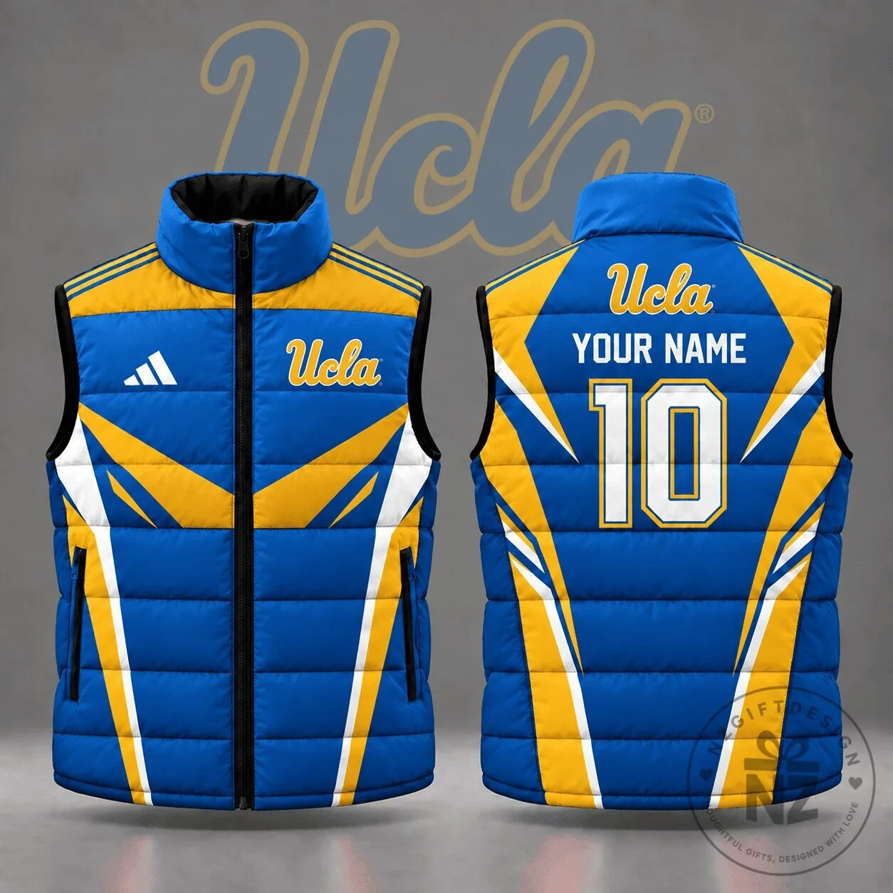 UCLA Bruins Custom Name Number Geometric Colorblock Full Zip Puffer Vest