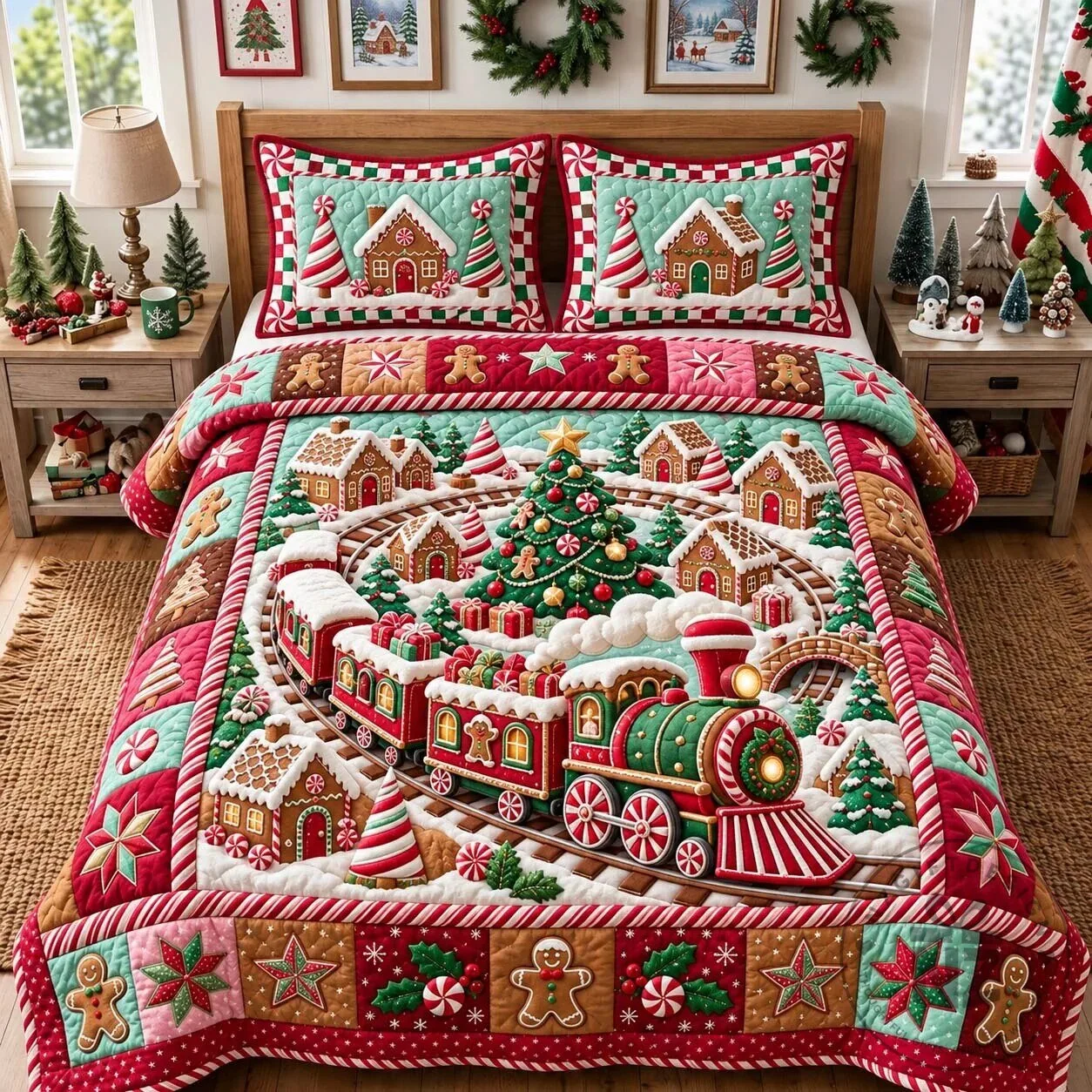 Christmas Gingerbread Holiday Train Quilted Bedding Set with Pillow Shams