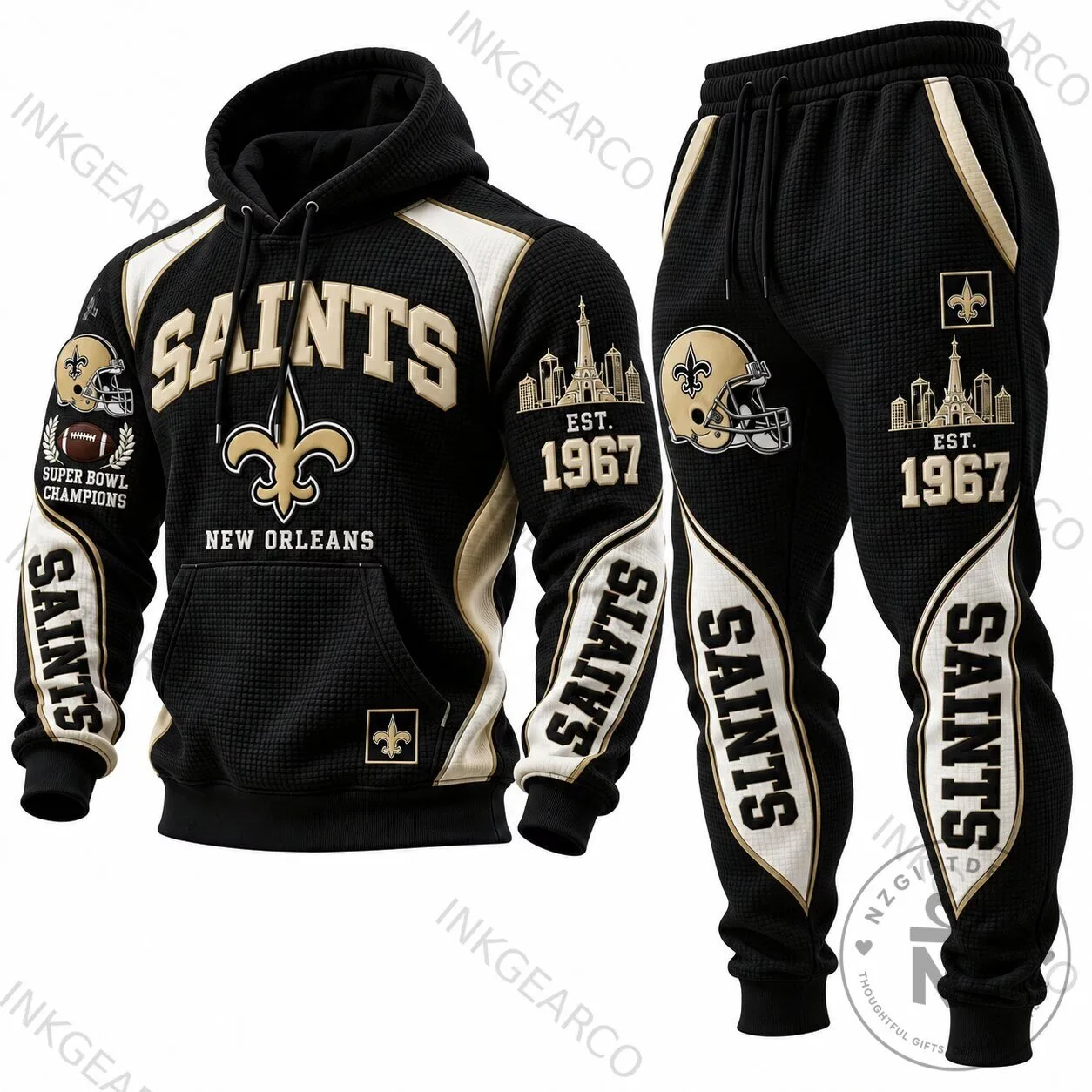 New Orleans Saints Super Bowl Champions Black Gold Hoodie and Sweatpants Set 2 New Orleans Saints Super Bowl Champions Black Gold Hoodie and Sweatpants Set