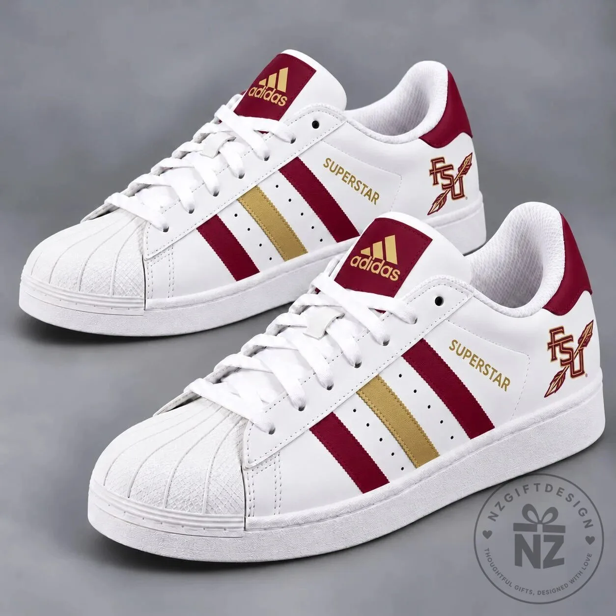 Florida State Seminoles NCAA Team Logo White and Maroon Superstar Shoes 1 Florida State Seminoles NCAA Team Logo White and Maroon Superstar Shoes