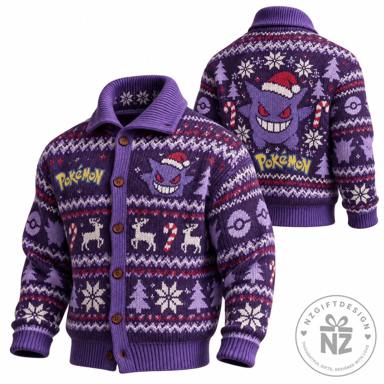 Gengar Holiday Cardigan - Ugly Sweater for Christmas Fans of Pokemon