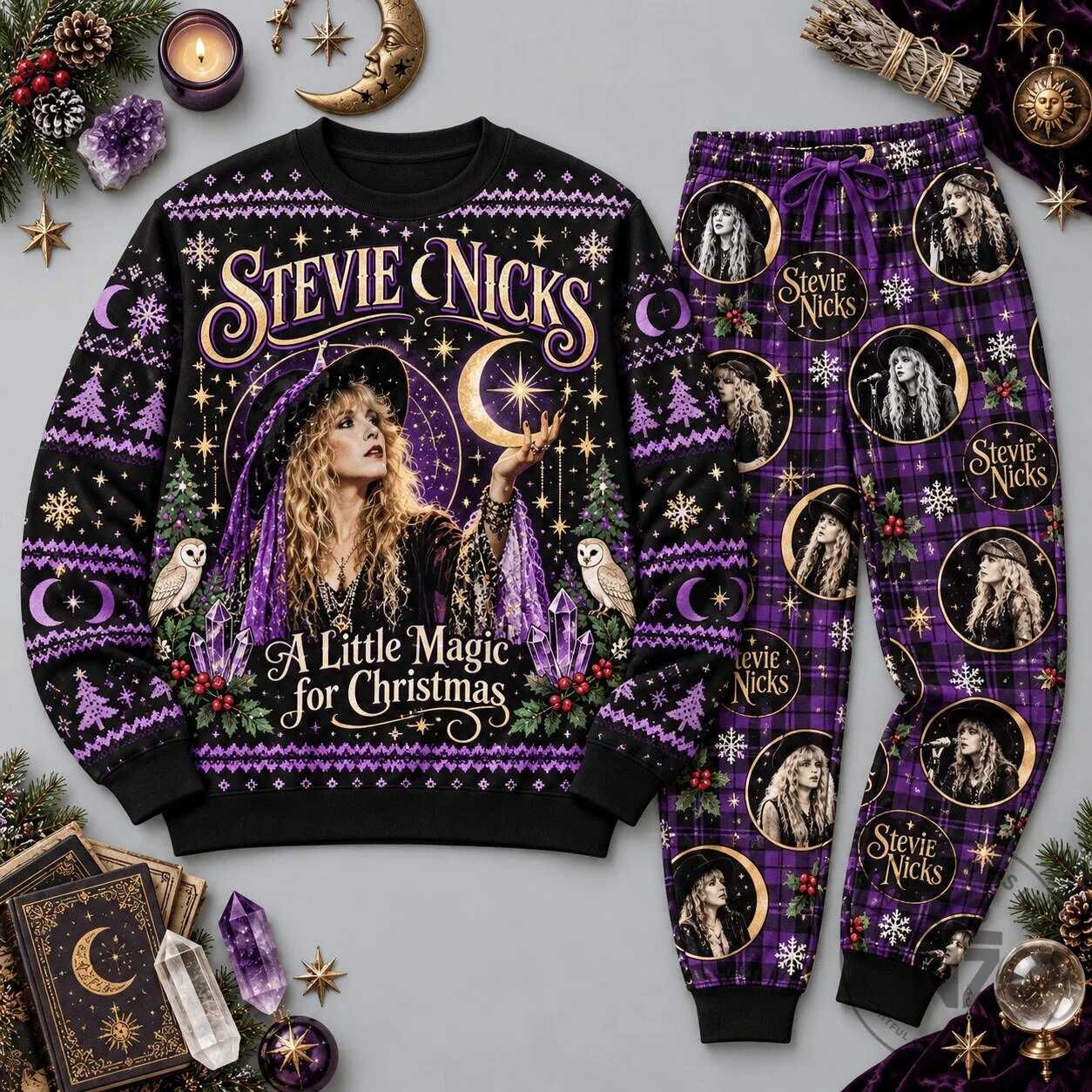 Stevie Nicks Christmas Magic Purple Celestial Festive Graphic Pajamas Set