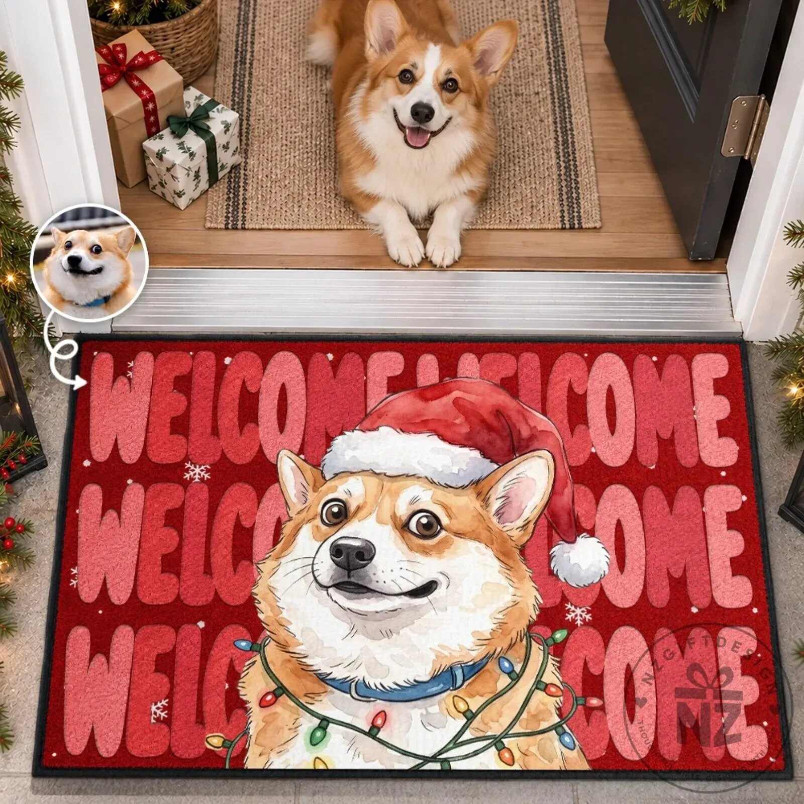 Personalized Pet Photo Christmas Welcome Doormat with Santa Hat and Lights