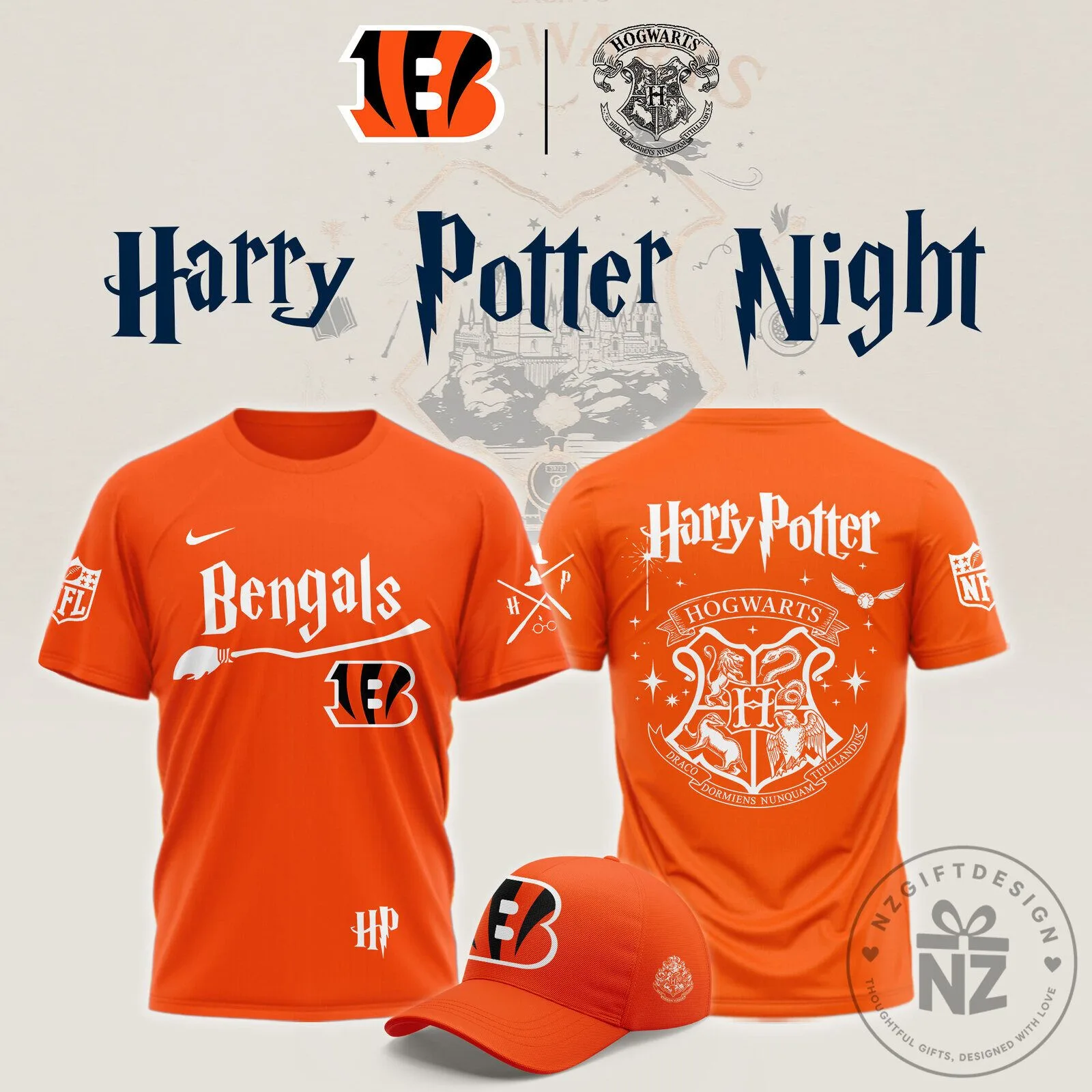 Cincinnati Bengals Harry Potter Night Hogwarts Crest Orange T-Shirt
