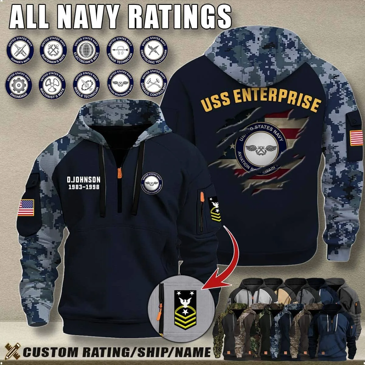 United States Navy Veteran Camouflage Half-Zip Hoodie with Custom Rating and Name