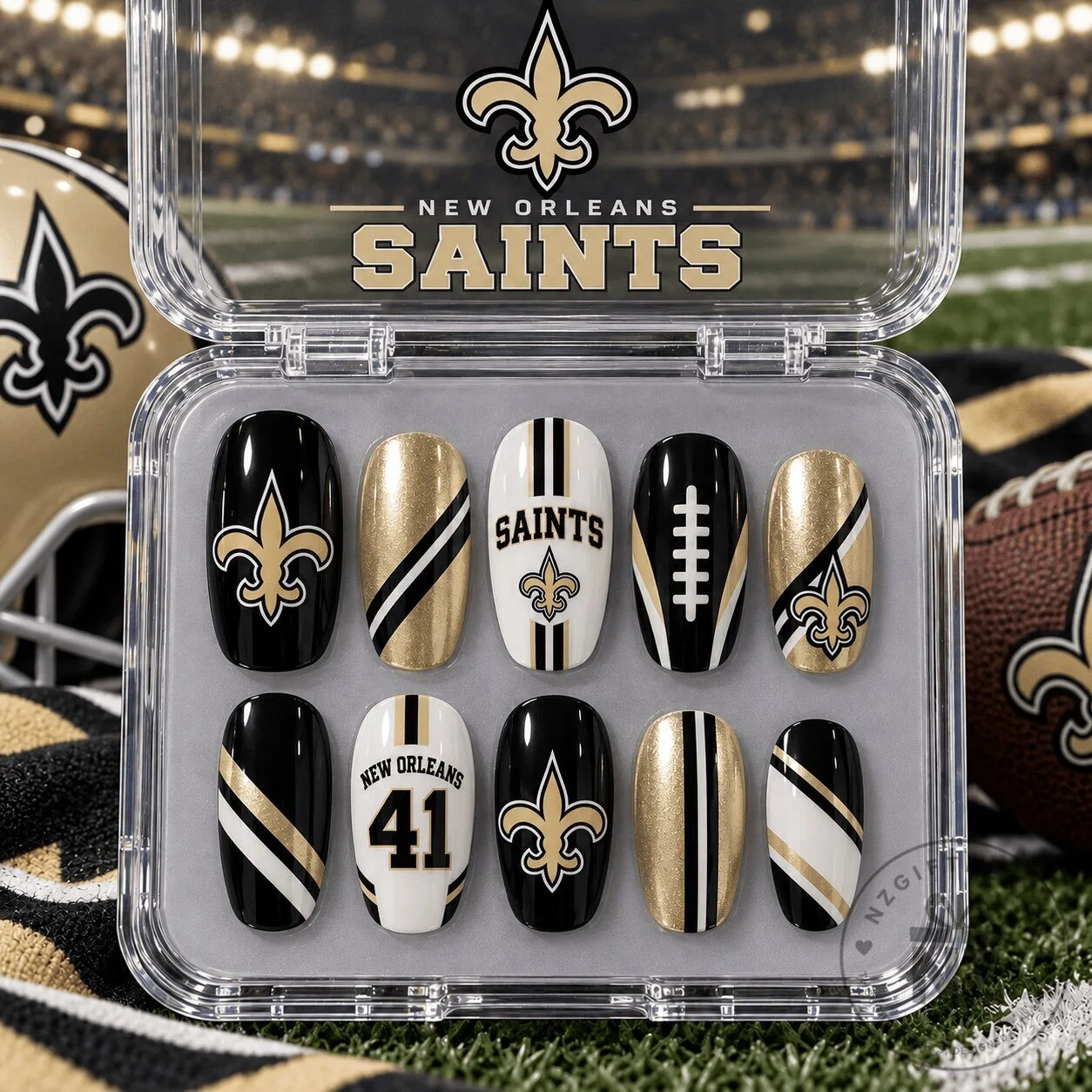 New Orleans Saints Football Team Gold and Black Press-On Nails Set