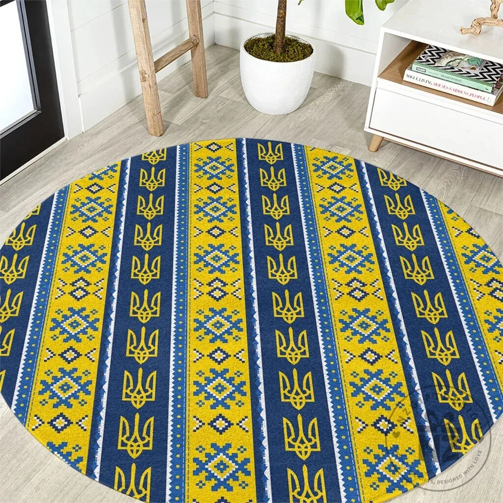 Ukrainian Trident Pattern Round Area Rug, Blue Yellow Folk Ornament Floor Mat