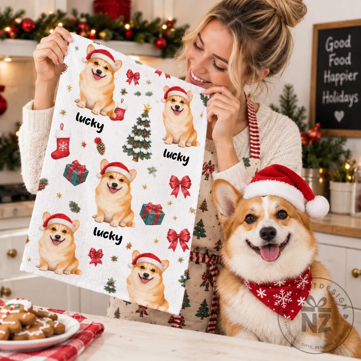 Personalized Christmas Corgi Dog Photo Festive Pattern Kitchen Towel