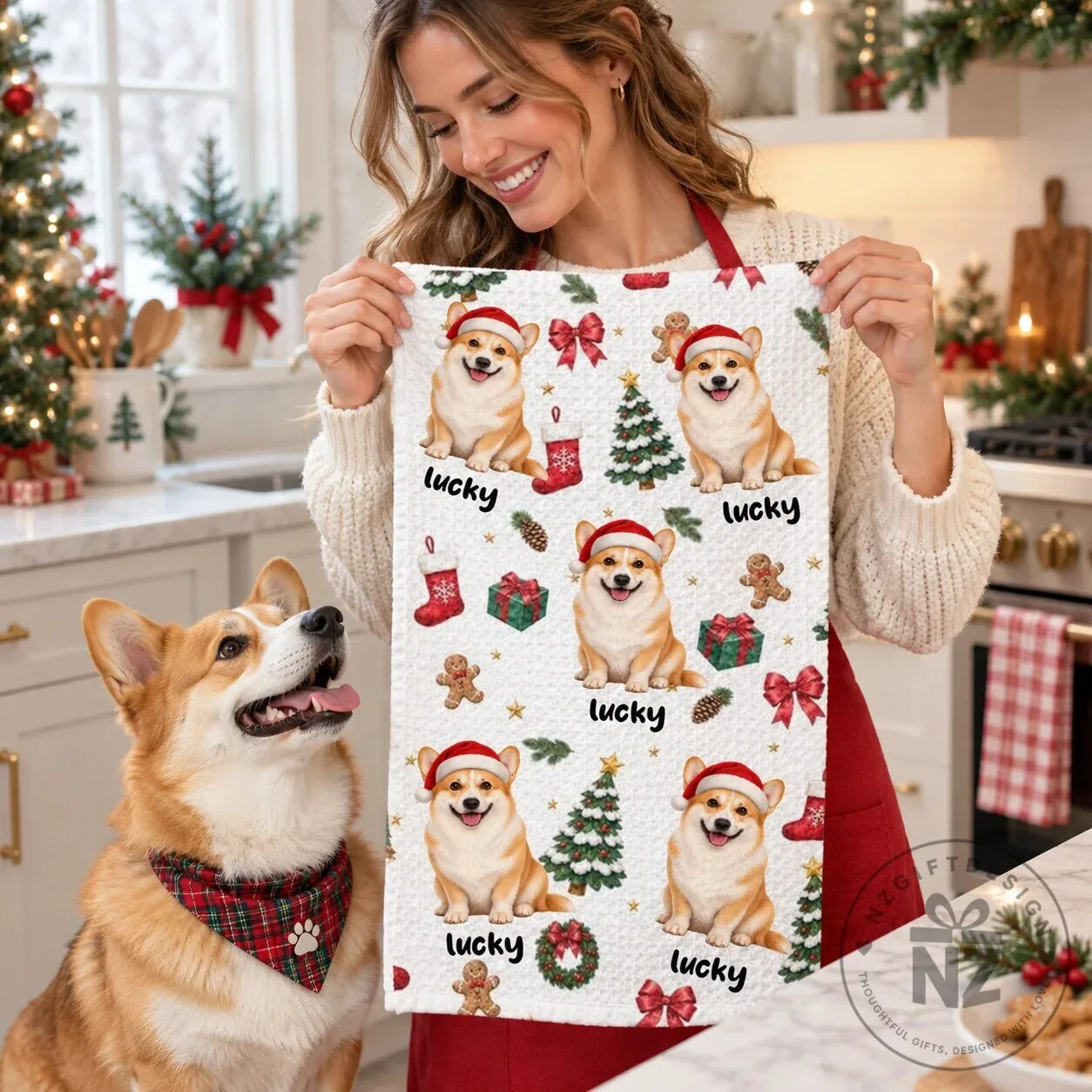 Personalized Christmas Corgi Dog Photo Festive Pattern Kitchen Towel 16 Personalized Christmas Corgi Dog Photo Festive Pattern Kitchen Towel