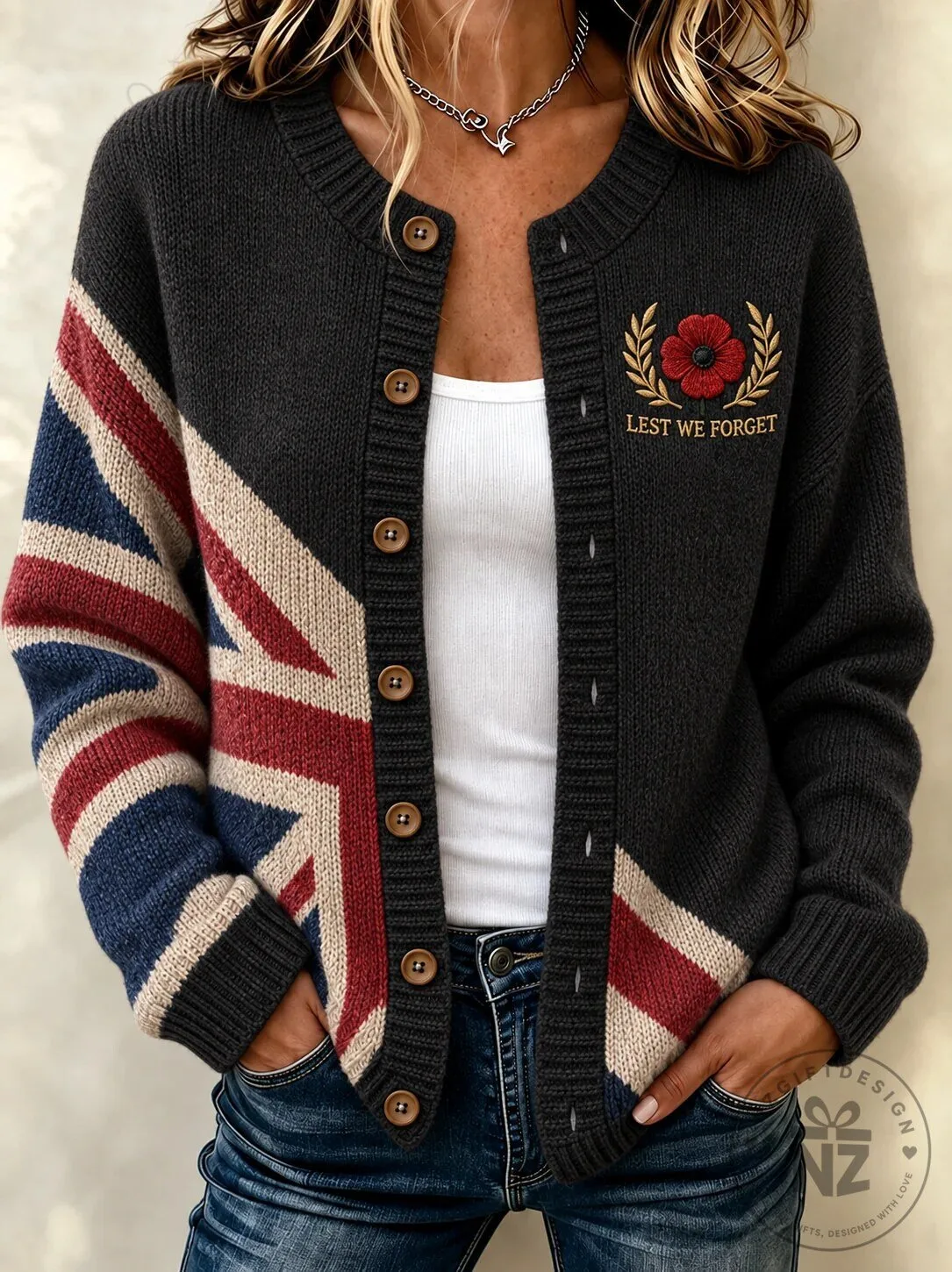 Remembrance Day Lest We Forget United Kingdom Flag Cardigan Sweater