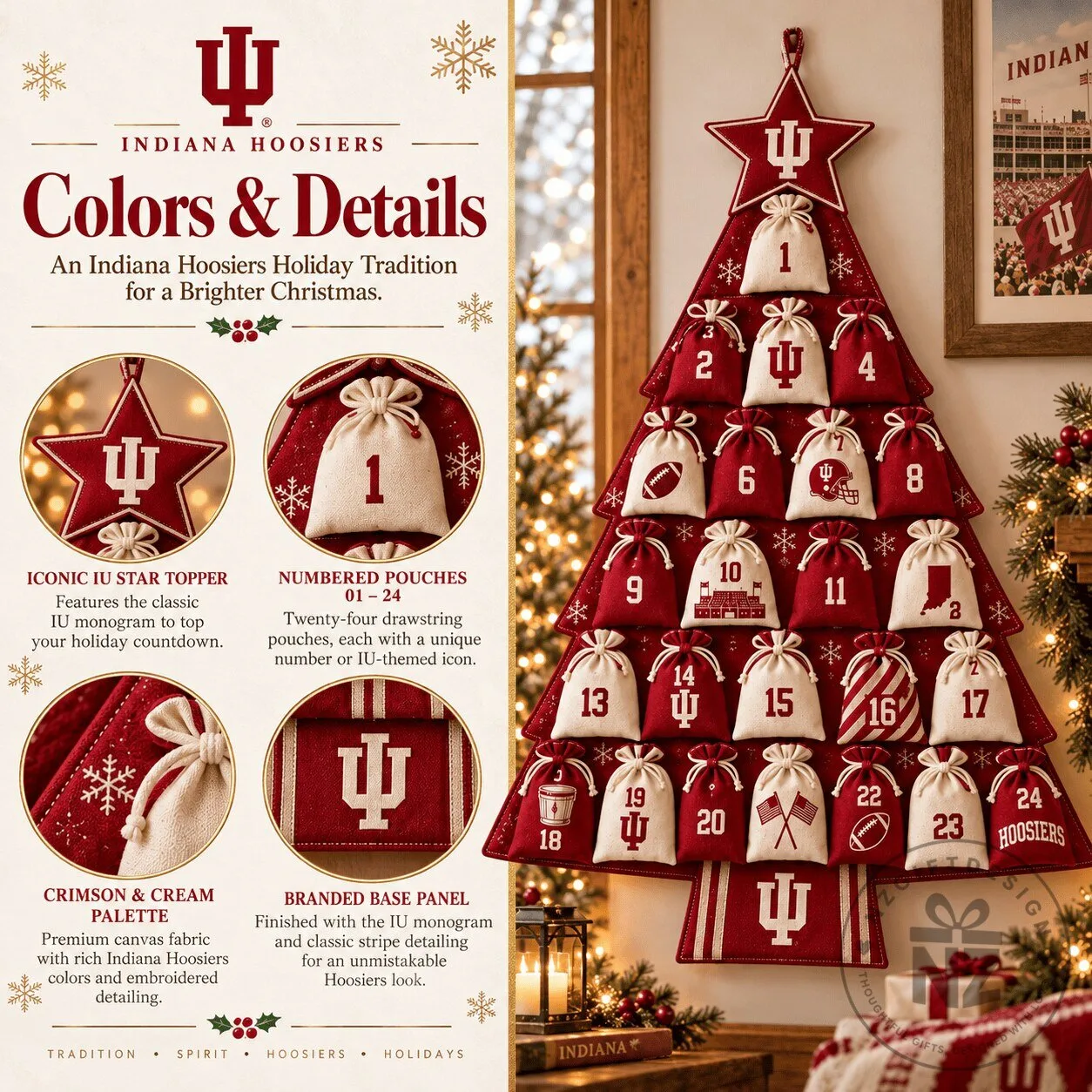 Indiana Hoosiers Christmas Tree Advent Countdown Calendar with Numbered Pouches