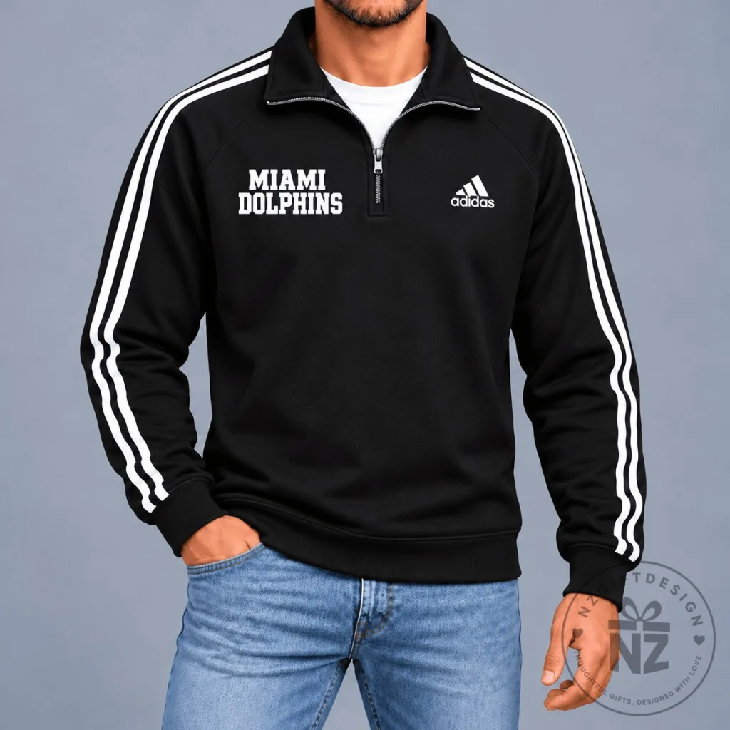 Miami Dolphins Adidas Black Quarter-Zip Sweatshirt with White Stripes Miami Dolphins Adidas Black Quarter-Zip Sweatshirt with White Stripes