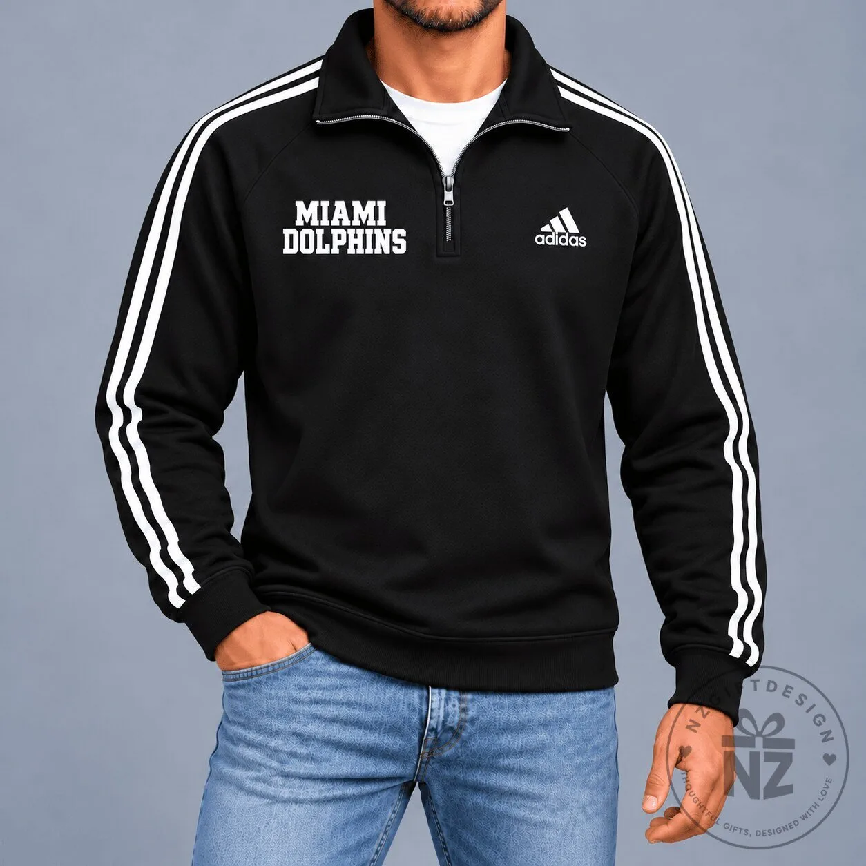 Miami Dolphins Adidas Black Quarter-Zip Sweatshirt with White Stripes 5 Miami Dolphins Adidas Black Quarter-Zip Sweatshirt with White Stripes