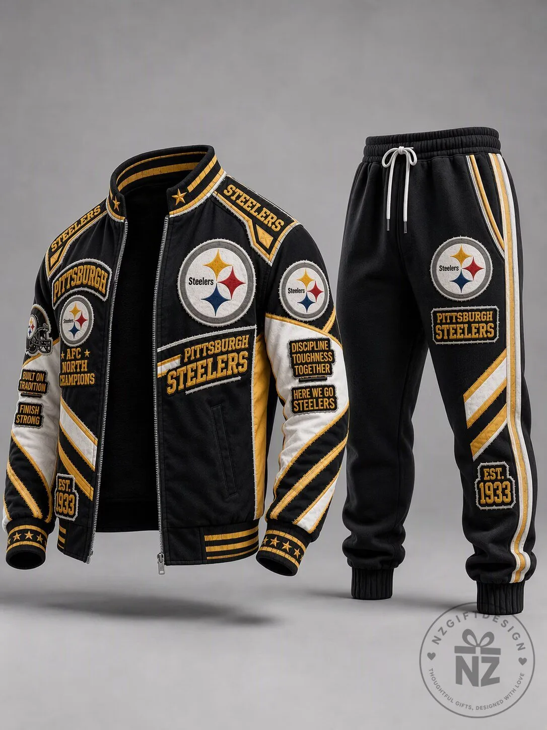 Pittsburgh Steelers Black and Yellow Bomber Jacket and Sweatpants Set
