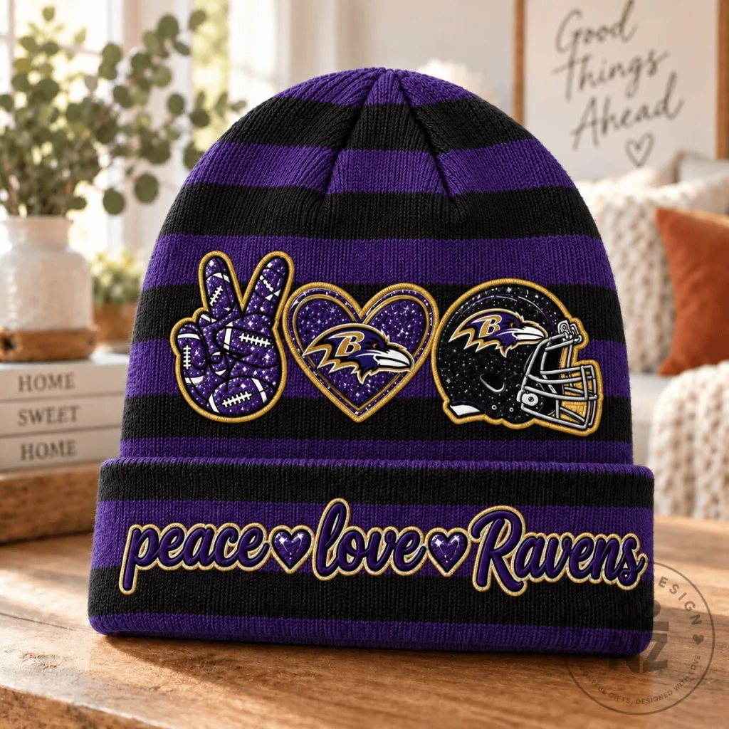 Baltimore Ravens Peace Love Ravens Football Team Knit Beanie Cap Hat Baltimore Ravens Peace Love Ravens Football Team Knit Beanie Cap Hat