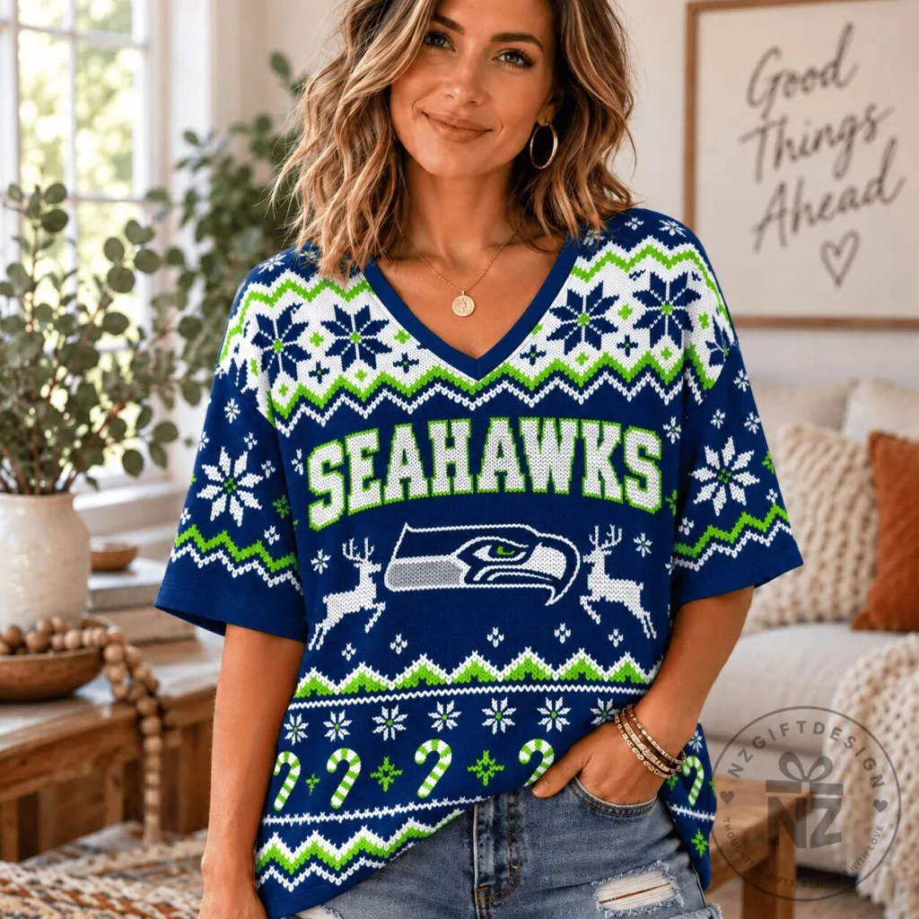 Seattle Seahawks NFL Christmas Ugly Sweater Style V-Neck Short Sleeve T-Shirt Seattle Seahawks NFL Christmas Ugly Sweater Style V-Neck Short Sleeve T-Shirt