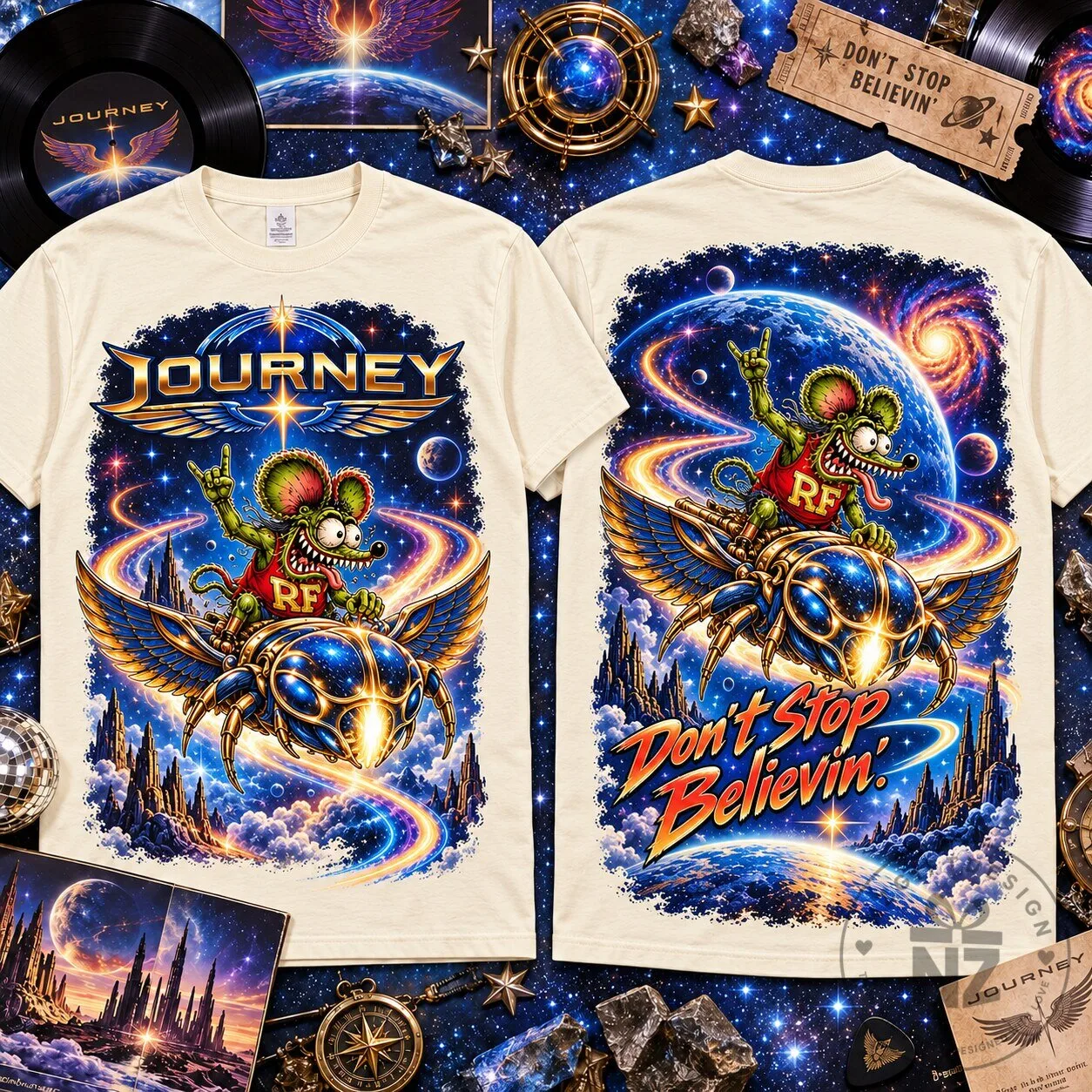 Journey Rat Fink Don't Stop Believin' Cosmic Scarab Graphic T-Shirt