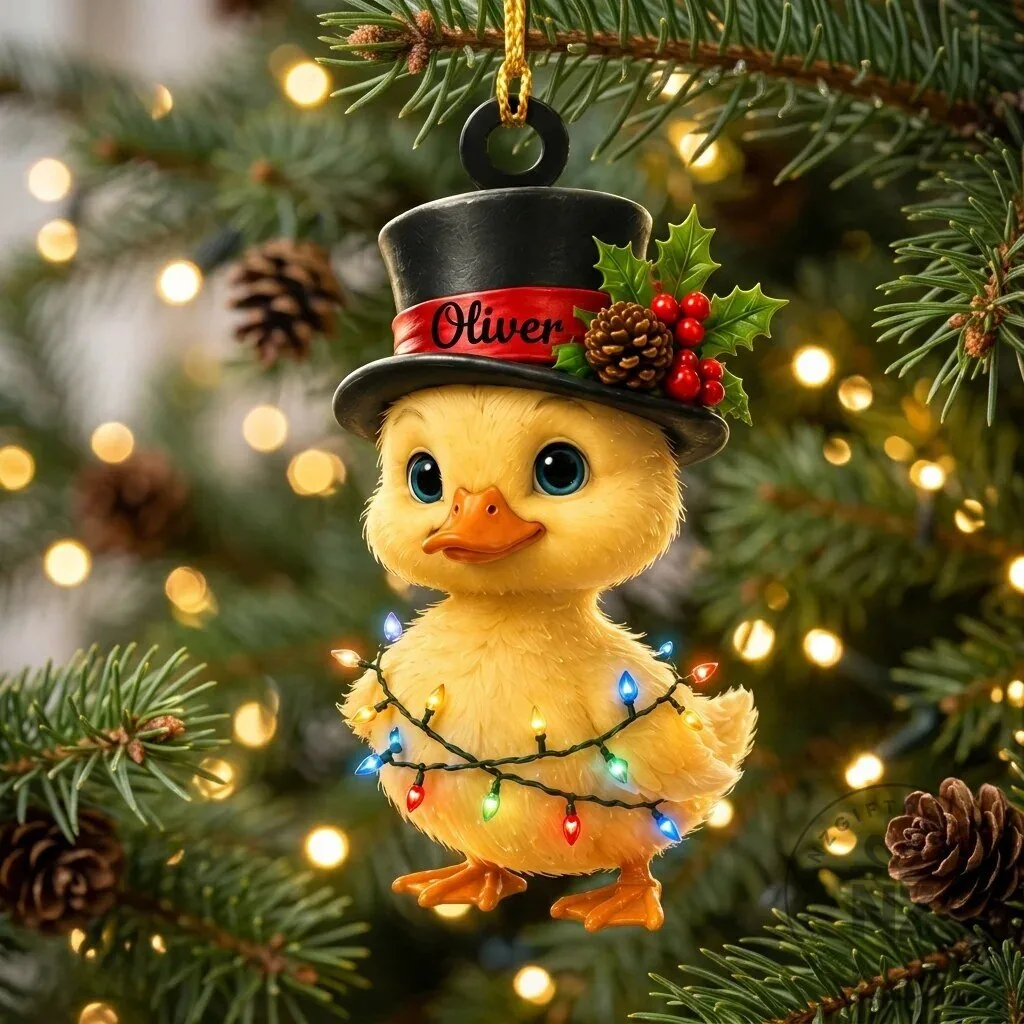 Personalized Cute Duck with Christmas Lights and Top Hat Holiday Ornament 4 Personalized Cute Duck with Christmas Lights and Top Hat Holiday Ornament