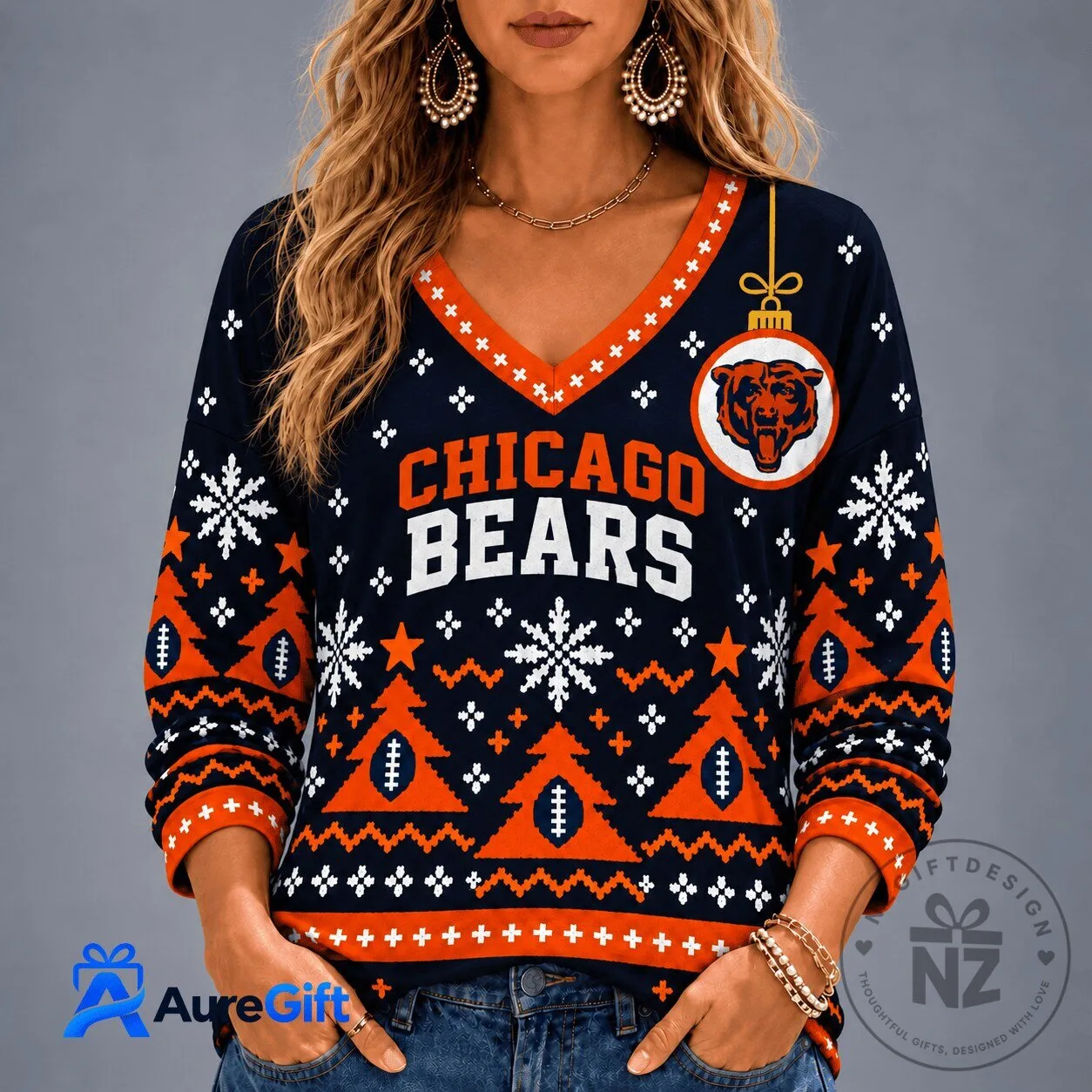 Chicago Bears NFL Christmas Personalized Name Women's Long Sleeve V-Neck Shirt