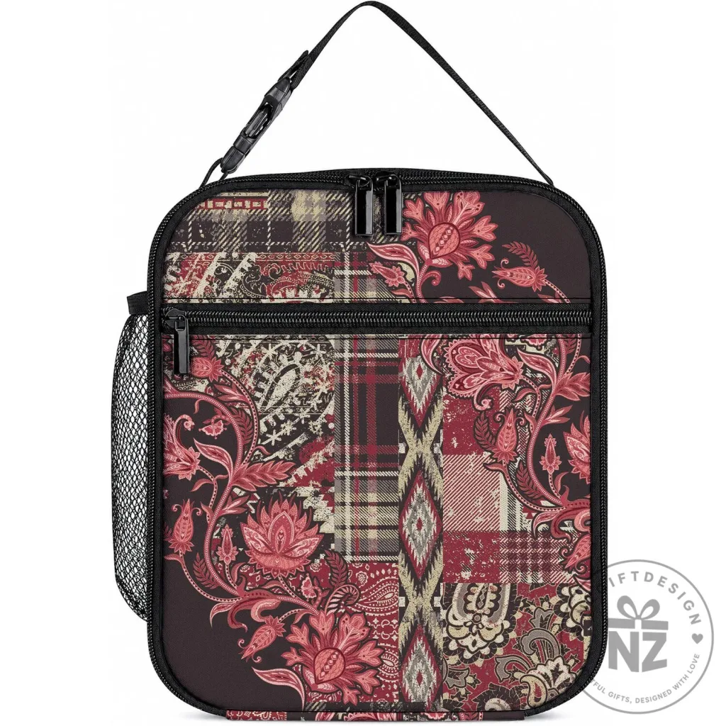 African Floral Maasai Shuka Red Motif Insulated Lunch Bag