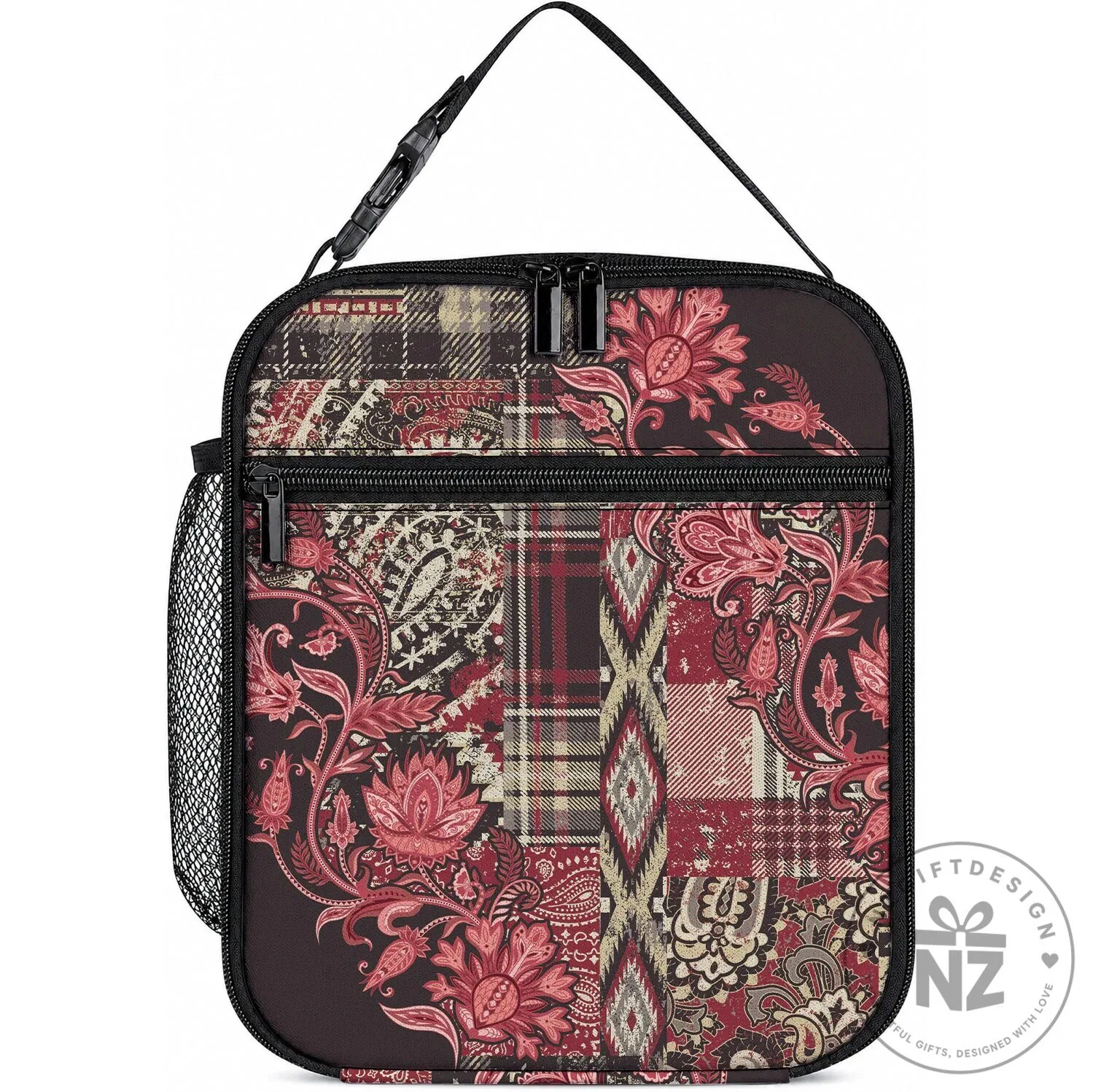 African Floral Maasai Shuka Red Motif Insulated Lunch Bag 4 African Floral Maasai Shuka Red Motif Insulated Lunch Bag