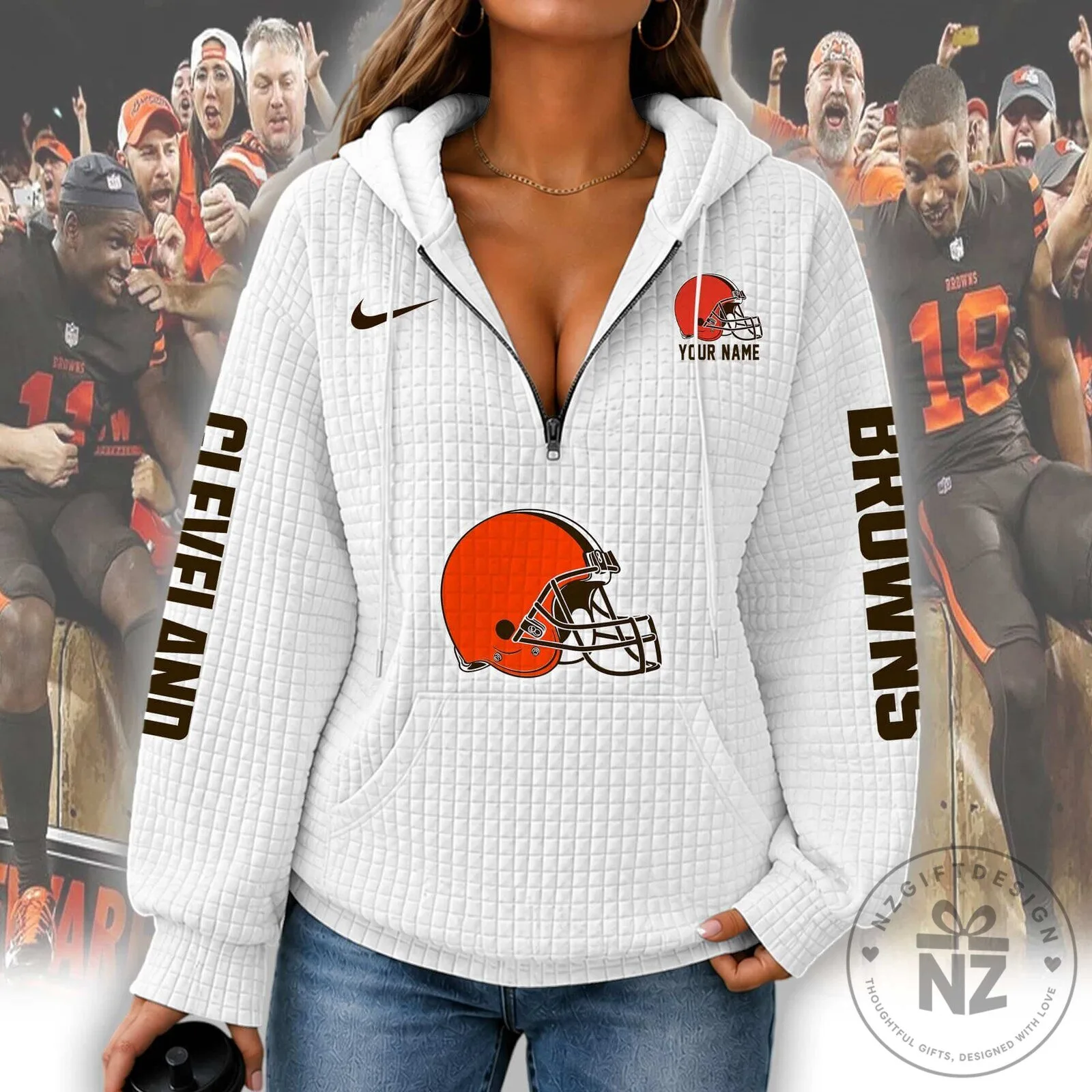 Cleveland Browns Custom Name Half-Zip Waffle Knit Hoodie