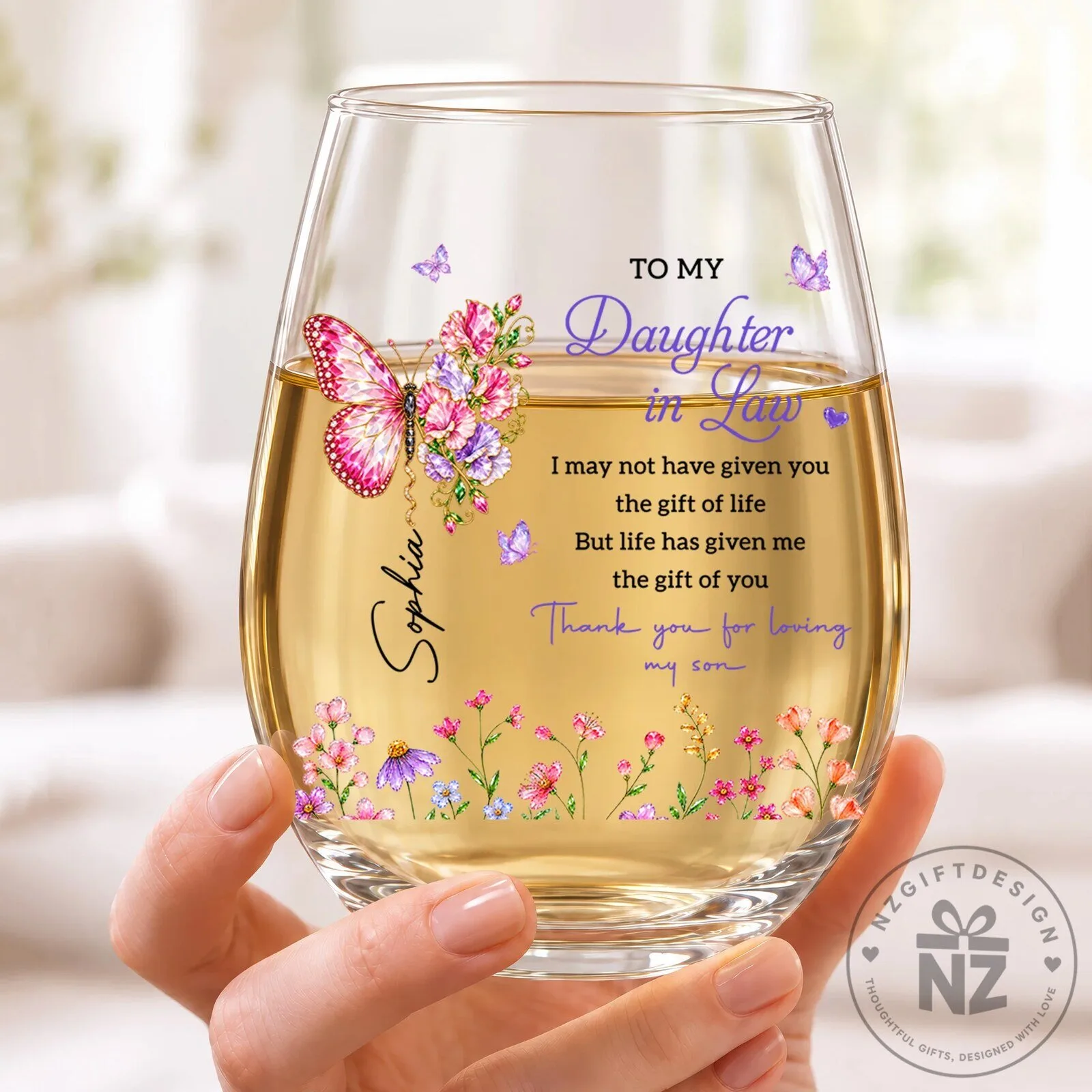 Personalized Daughter in Law Butterfly Floral Stemless Wine Glass Gift 4 Personalized Daughter in Law Butterfly Floral Stemless Wine Glass Gift