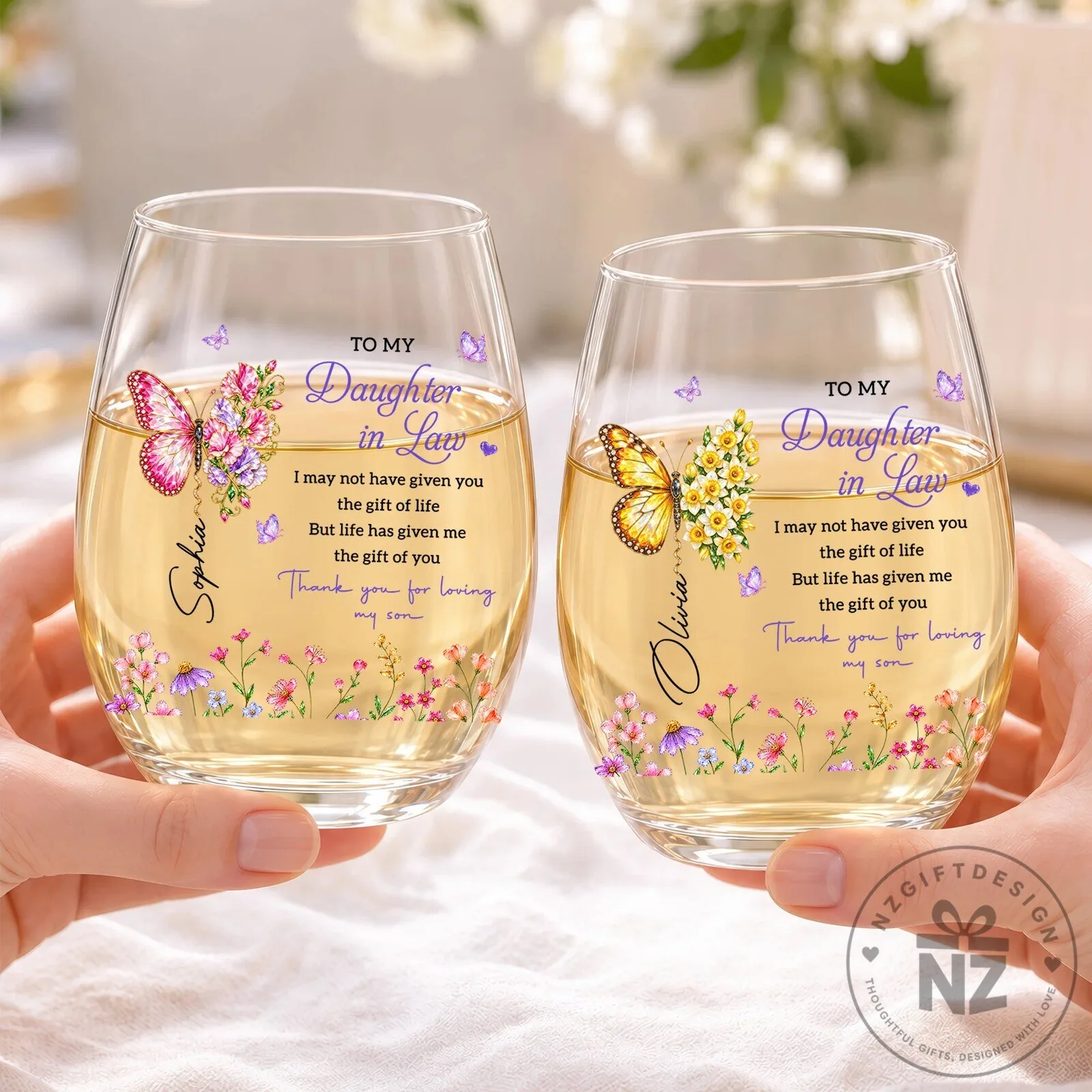 Personalized Daughter in Law Butterfly Floral Stemless Wine Glass Gift 5 Personalized Daughter in Law Butterfly Floral Stemless Wine Glass Gift