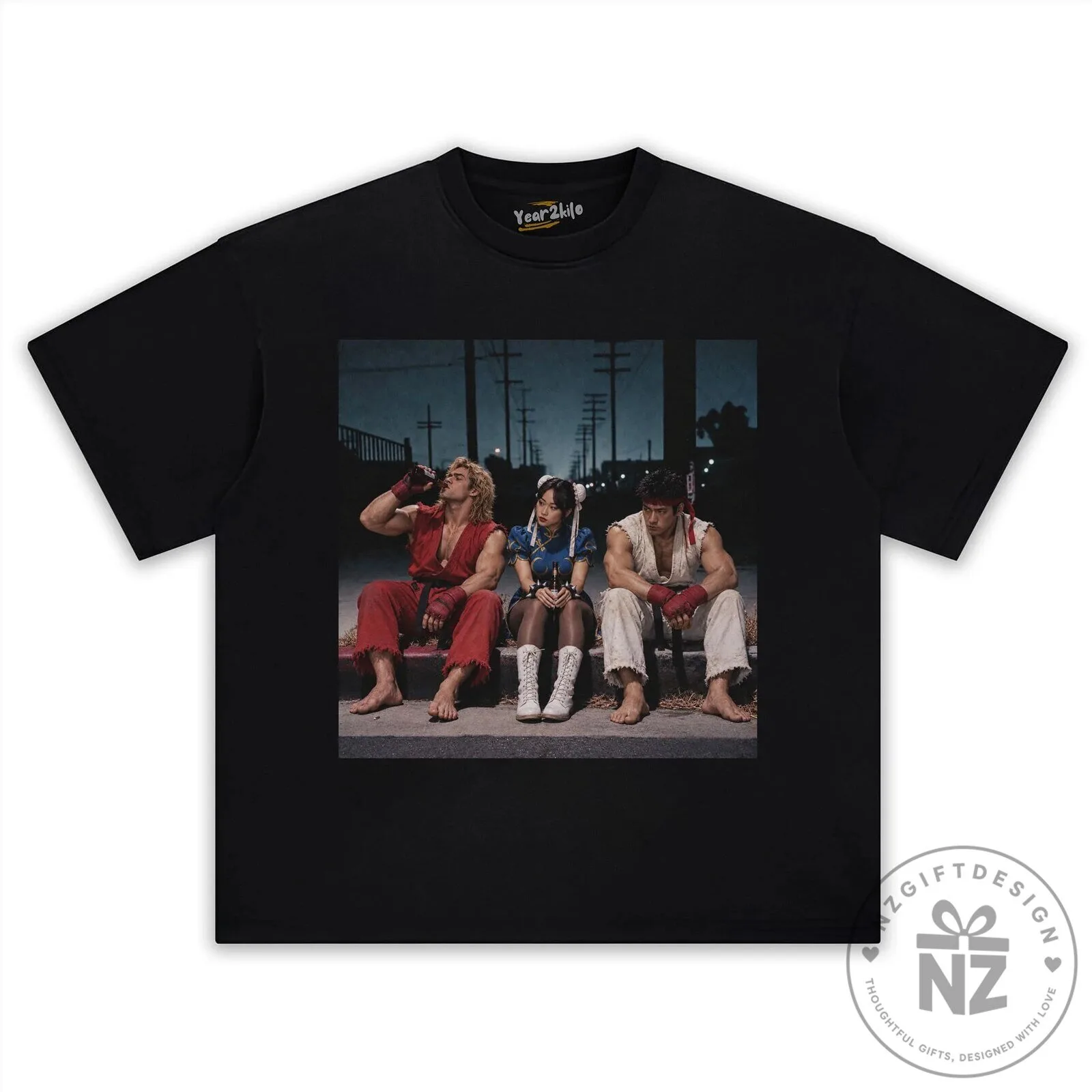 Black Graphic T-Shirt featuring Street Fighter Characters Ryu, Ken, and Chun-Li