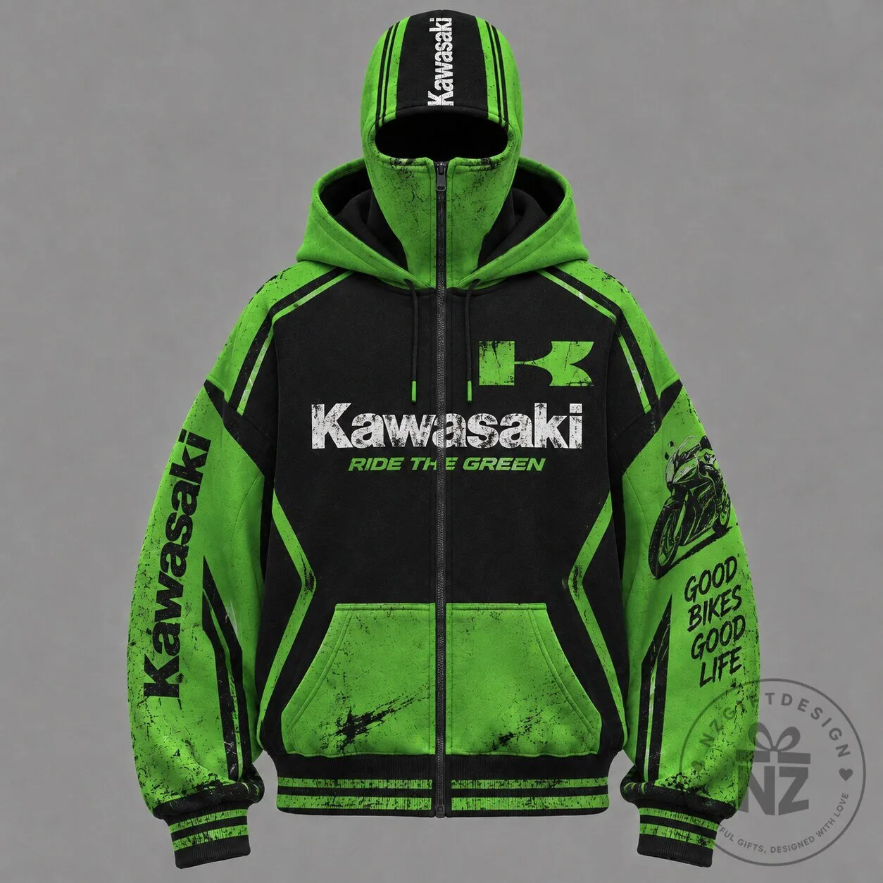 Kawasaki Motorcycle Ride The Green Distressed Full Zip Hoodie