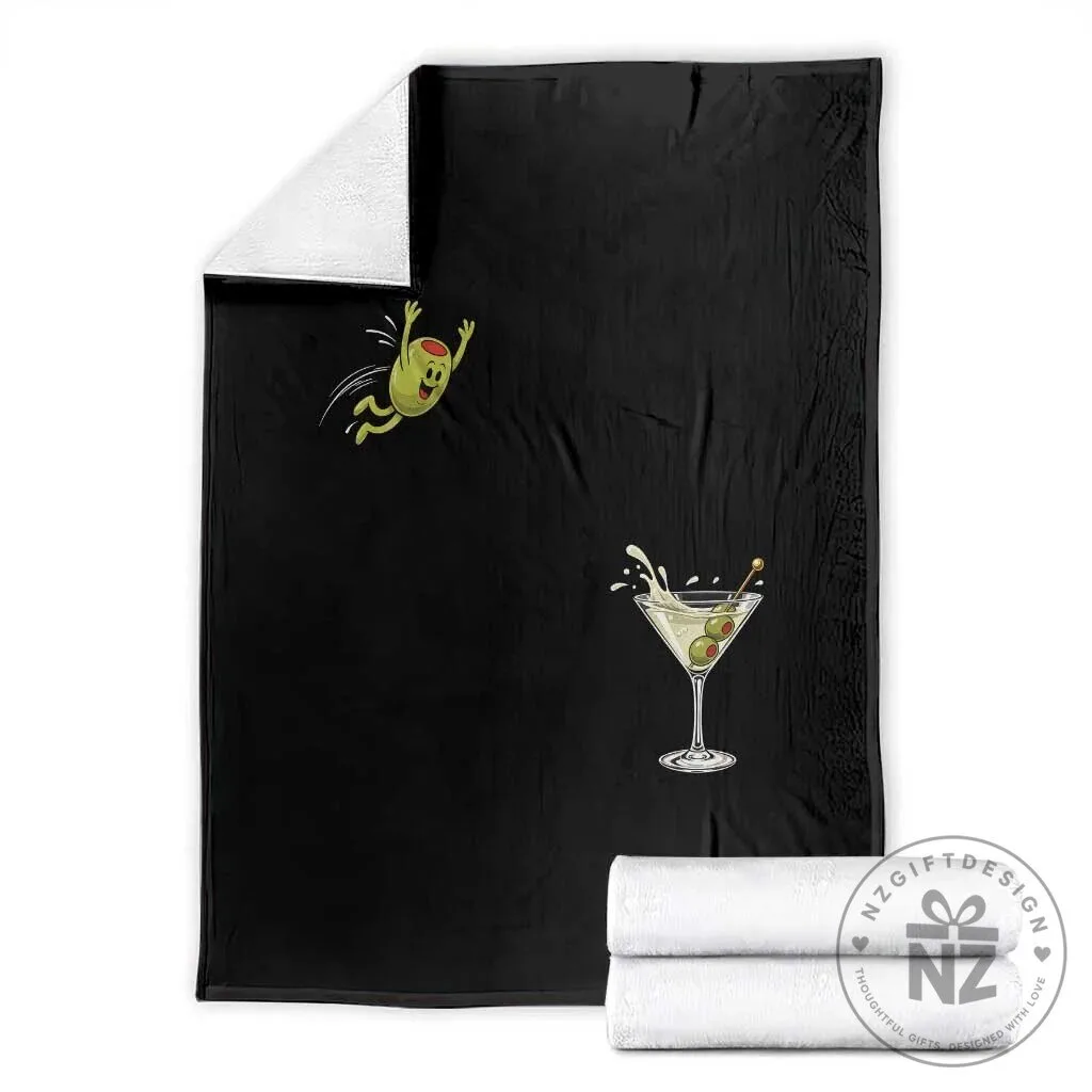 Funny Olive Jumping Into Martini Glass Cocktail Cartoon Graphic Throw Blanket