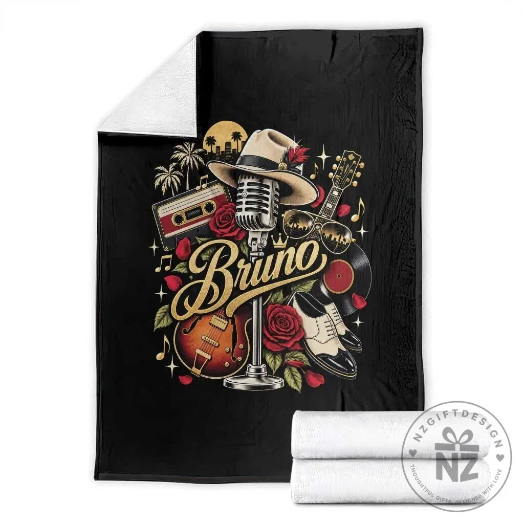 Bruno Music Retro Microphone Guitar Record Player Rose Graphic Throw Blanket