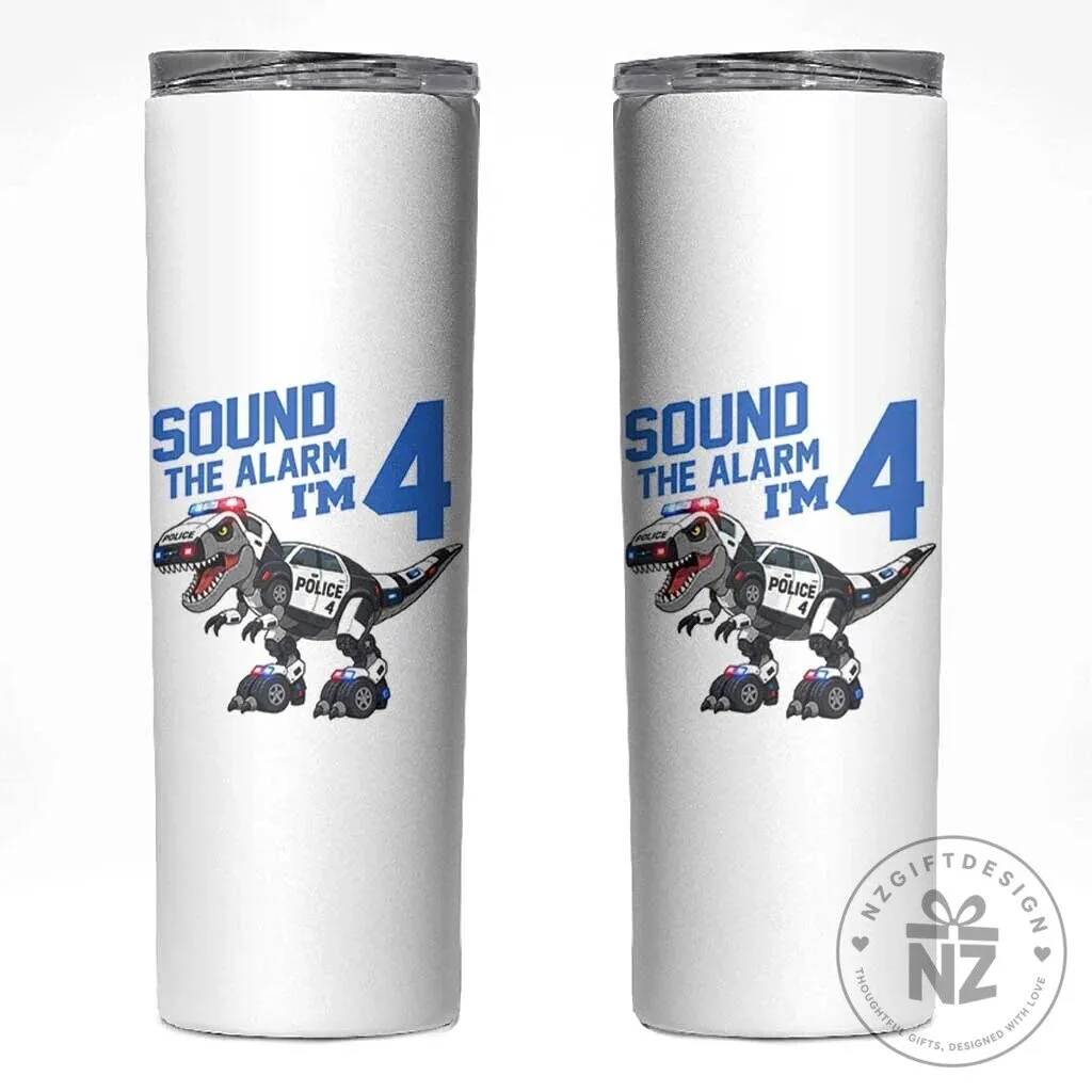 Funny Dinosaur Police Patrol 4th Birthday Skinny Tumbler for Kids