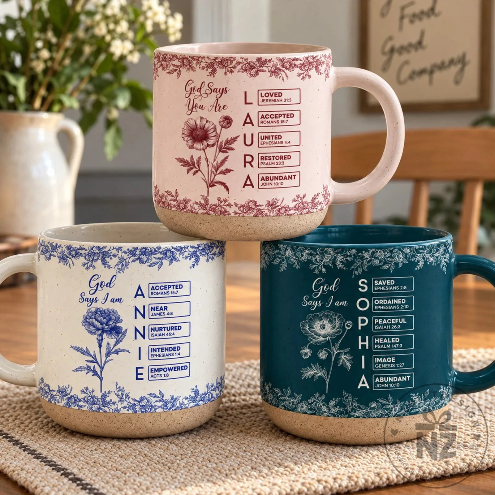 Personalized God Says I Am Birth Flower Toile De Jouy Style Mug