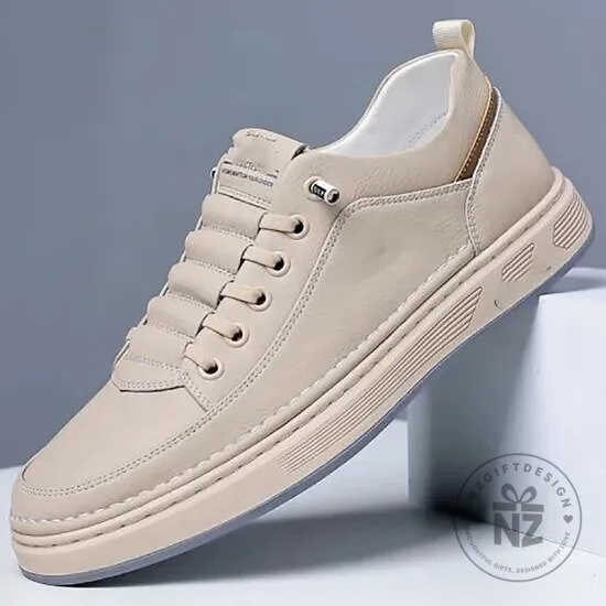 Men's Casual Beige Leather Lace-Up Sneakers with Flat Sole