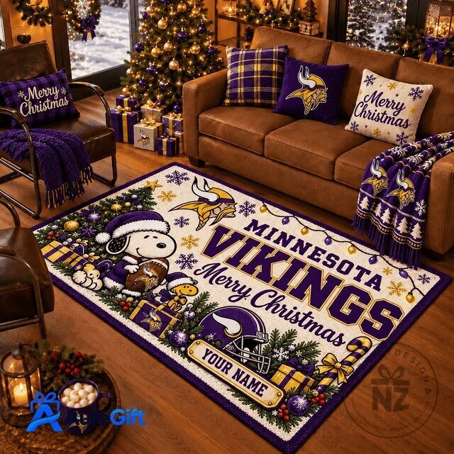 Personalized Area Rug featuring Snoopy and Minnesota Vikings for a Merry Christmas