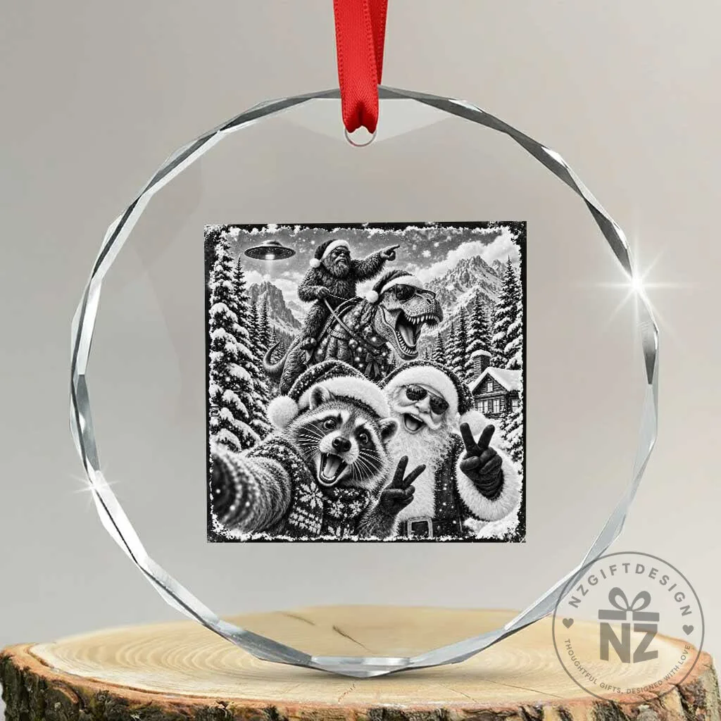 Funny Christmas Raccoon Santa Bigfoot Dinosaur UFO Selfie Crystal Glass Ornament