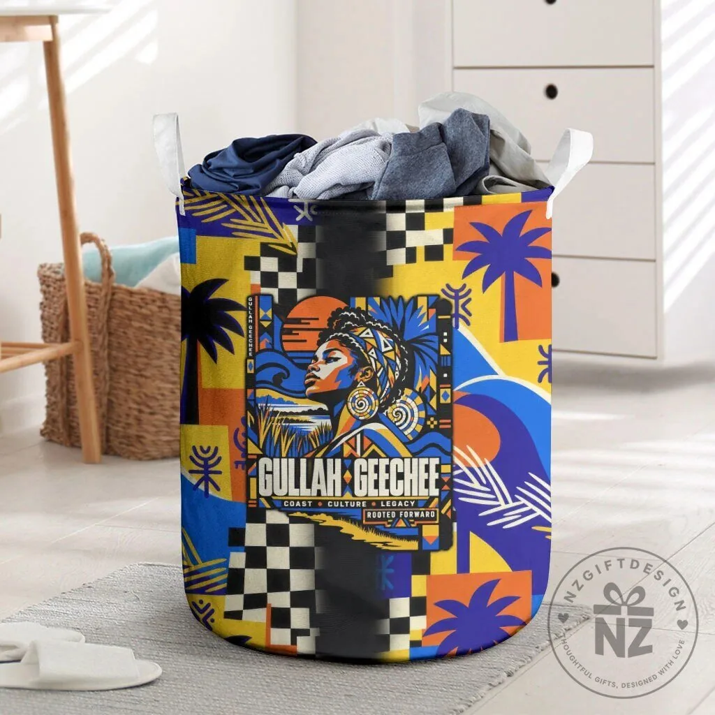 Gullah Geechee African American Heritage Laundry Basket with Coastal Abstract Art
