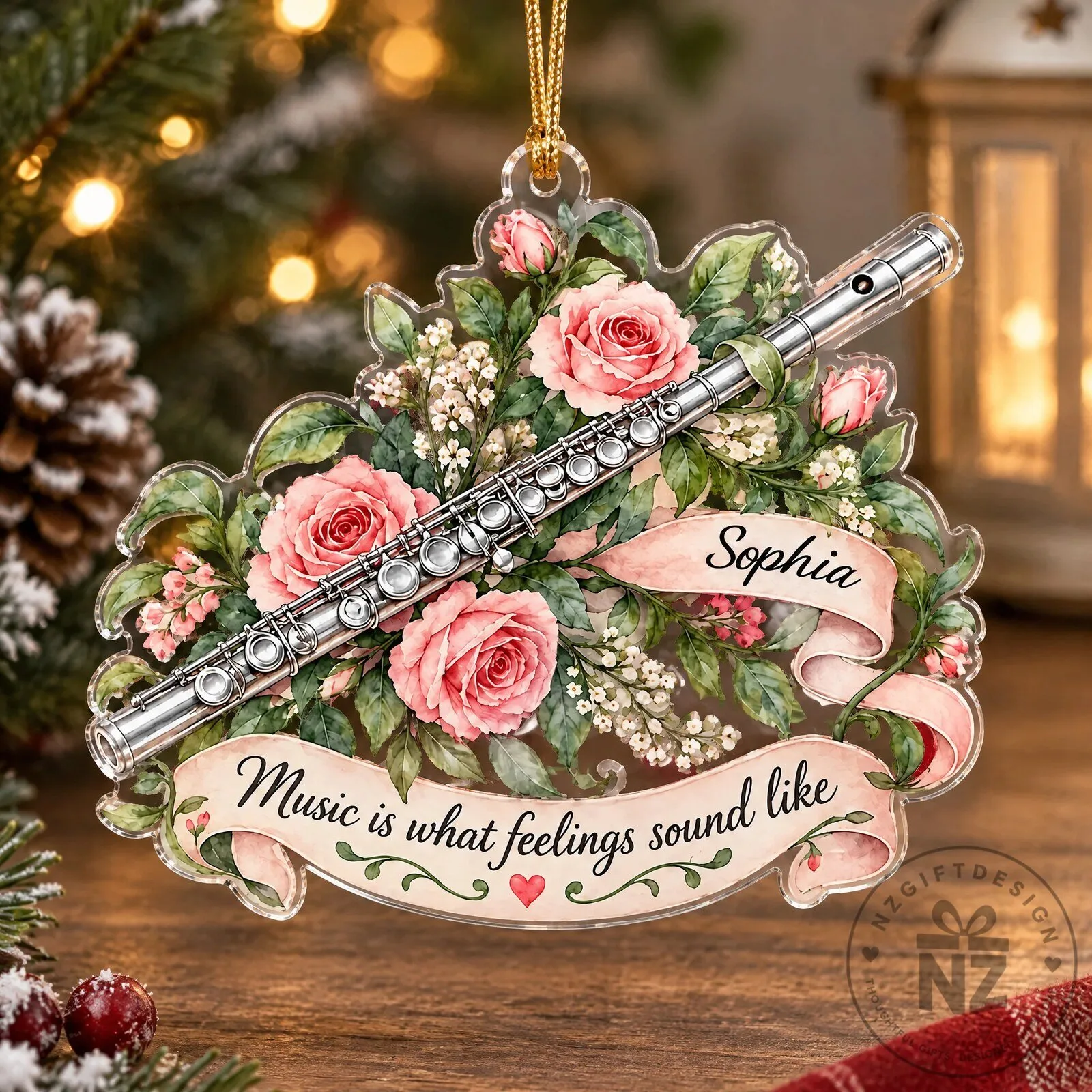 Personalized Flute Player Floral Christmas Tree Ornament