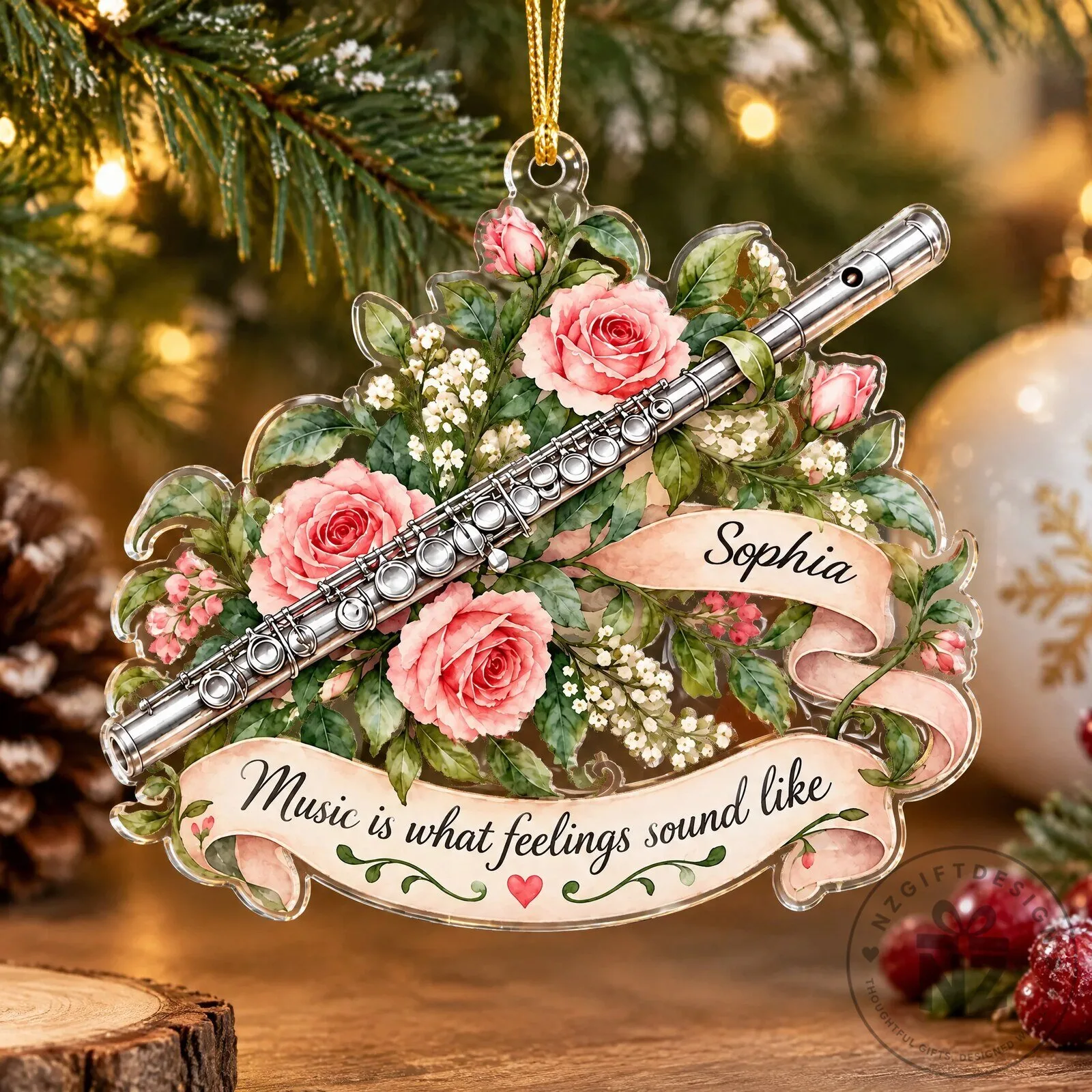 Personalized Flute Player Floral Christmas Tree Ornament 8 Personalized Flute Player Floral Christmas Tree Ornament