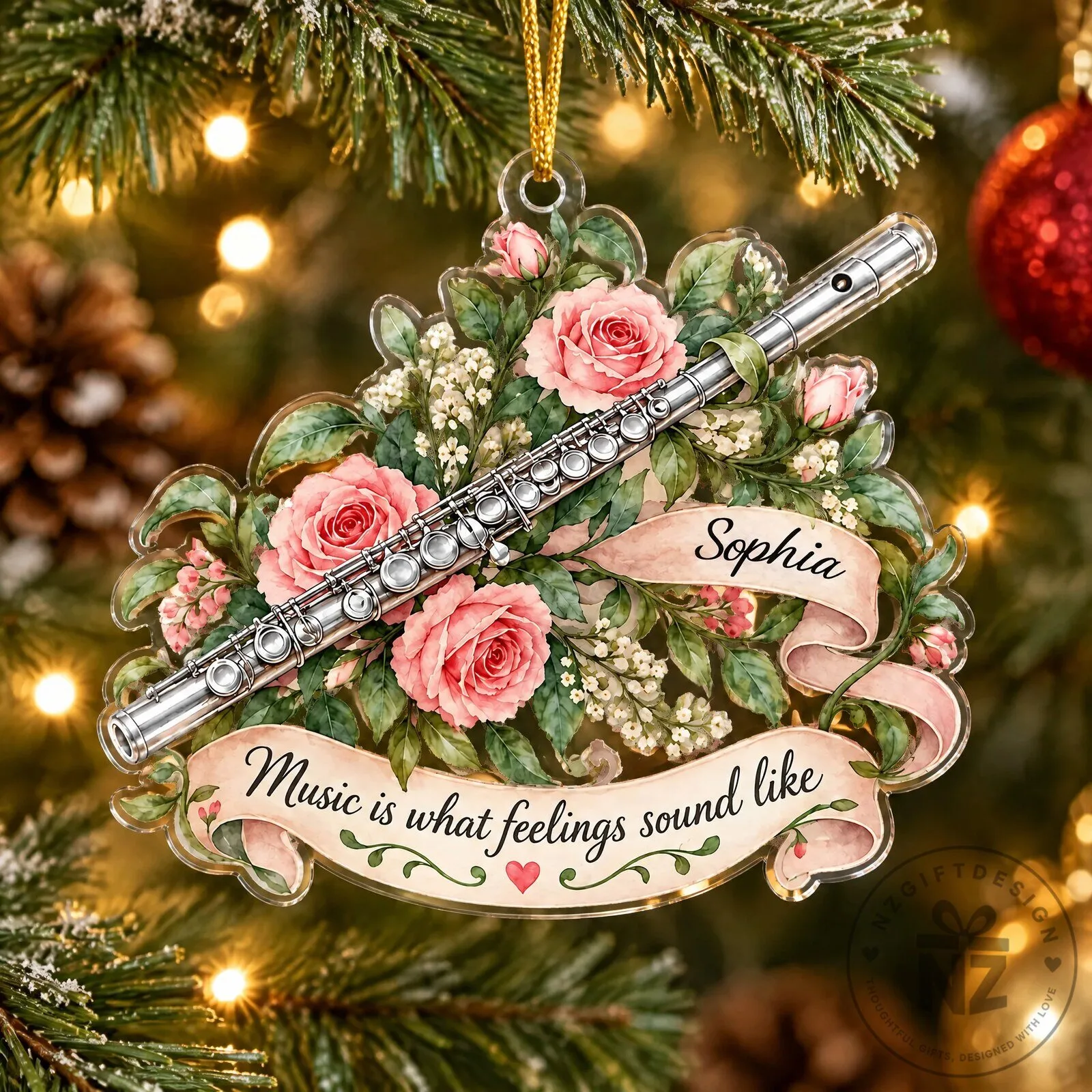 Personalized Flute Player Floral Christmas Tree Ornament 10 Personalized Flute Player Floral Christmas Tree Ornament