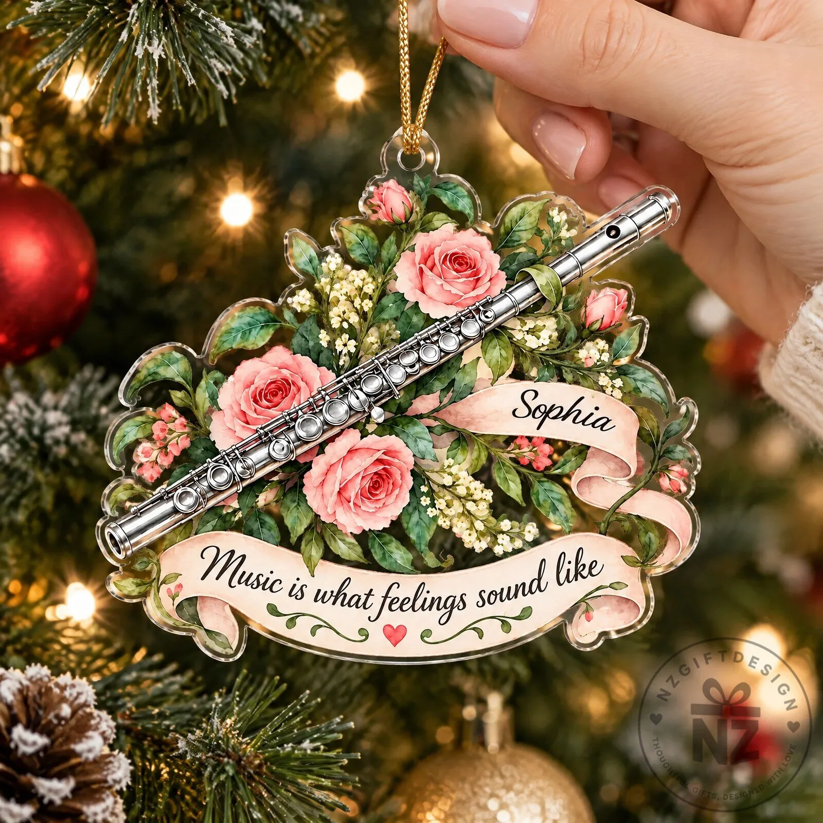 Personalized Flute Player Floral Christmas Tree Ornament 11 Personalized Flute Player Floral Christmas Tree Ornament