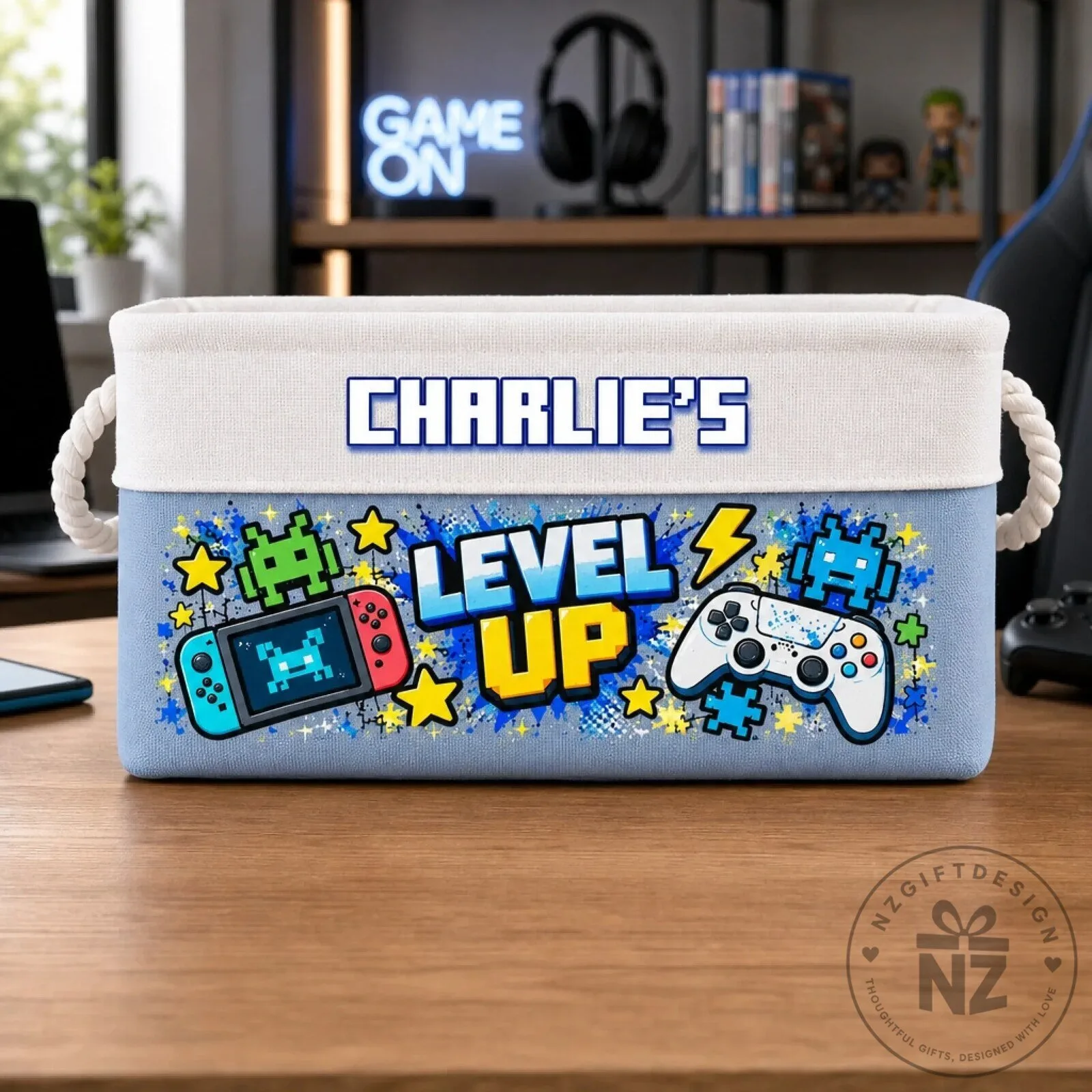 Personalized Gamer Level Up Storage Basket with Custom Name for Kids Room Decor