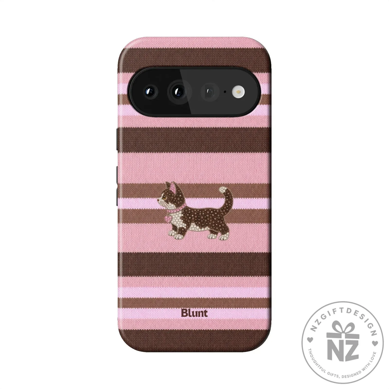 Cute Pixel Cat Pink and Brown Striped Pattern Phone Case