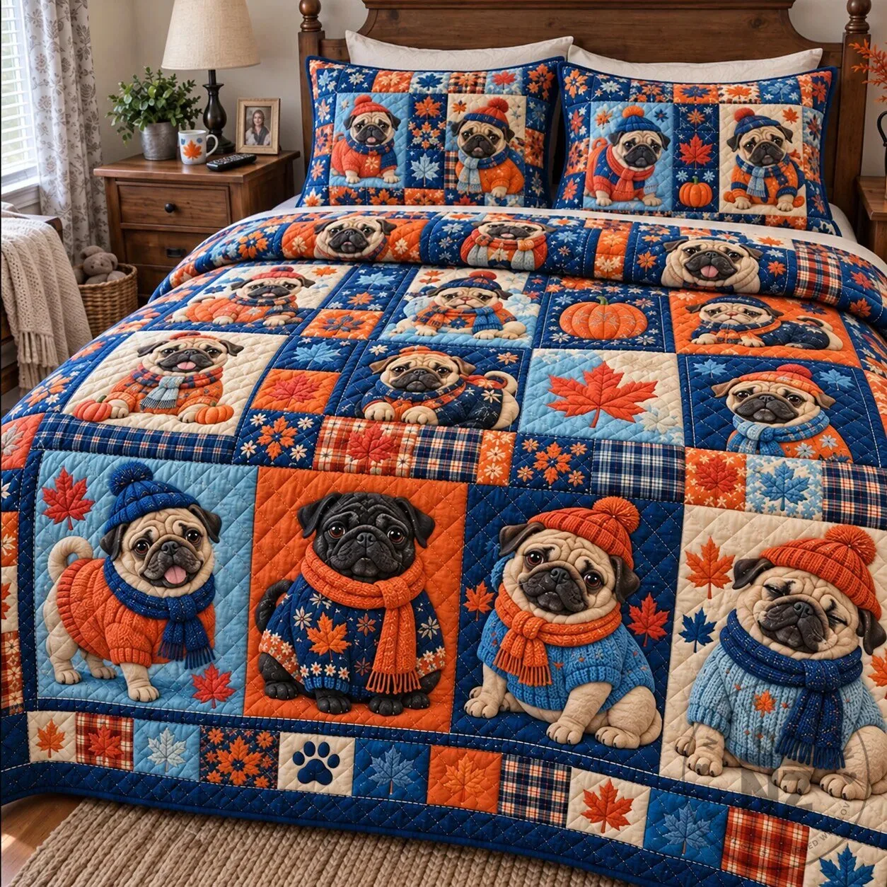 Pug Patchwork Autumn Leaves Quilted Bedding Set