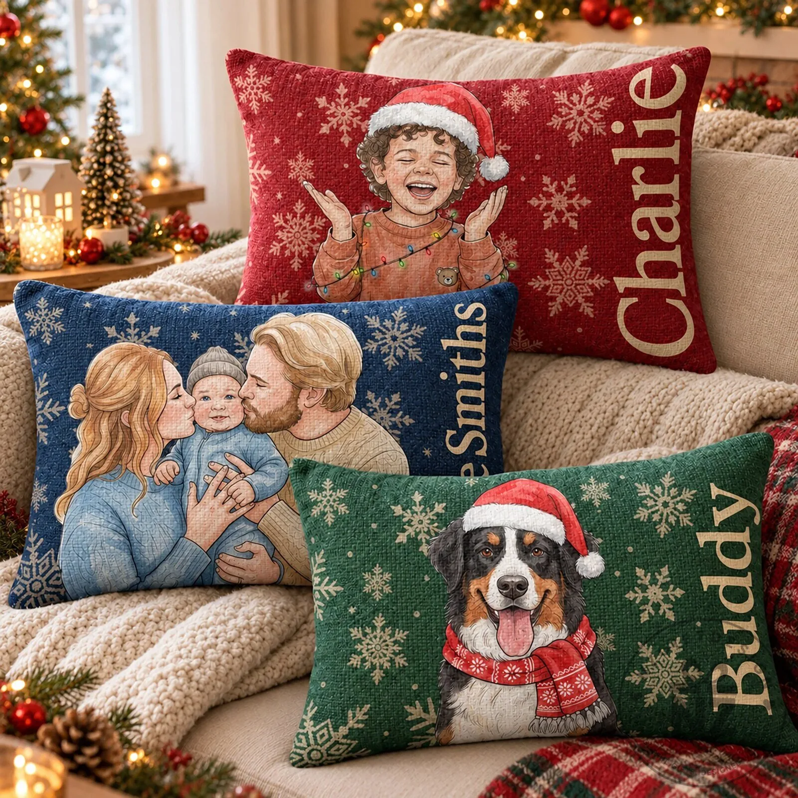 Personalized Christmas Family Portrait Watercolor Snowflake Pillow 14 Personalized Christmas Family Portrait Watercolor Snowflake Pillow