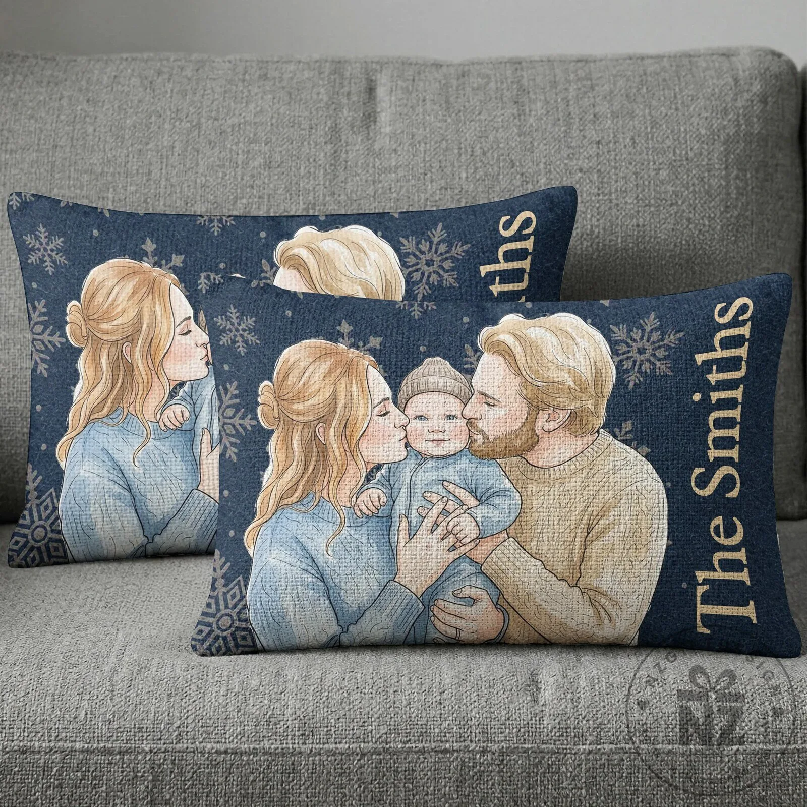 Personalized Christmas Family Portrait Watercolor Snowflake Pillow 17 Personalized Christmas Family Portrait Watercolor Snowflake Pillow