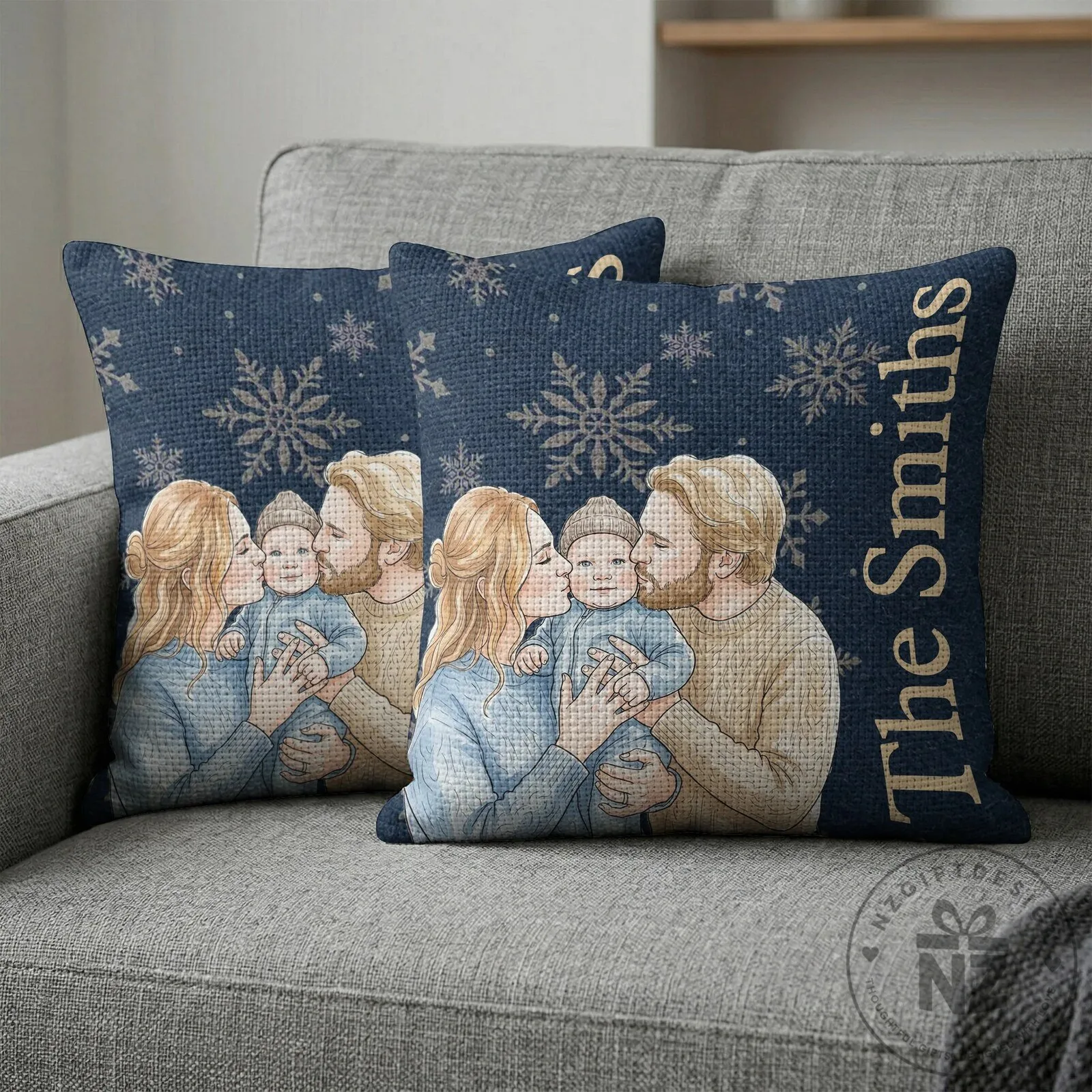 Personalized Christmas Family Portrait Watercolor Snowflake Pillow 18 Personalized Christmas Family Portrait Watercolor Snowflake Pillow