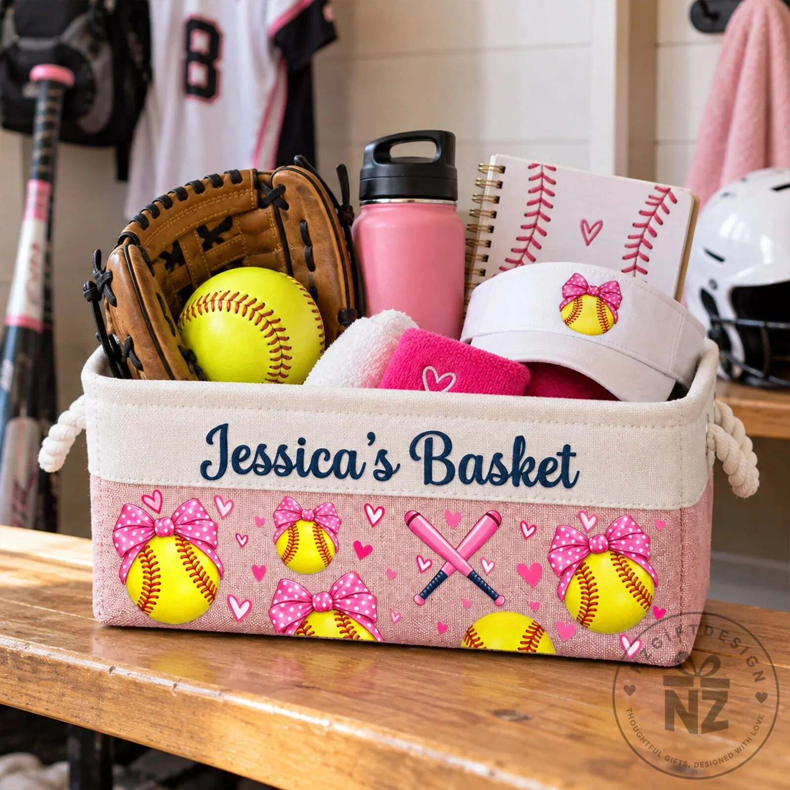 Personalized Softball Pink Bow Coquette Storage Basket