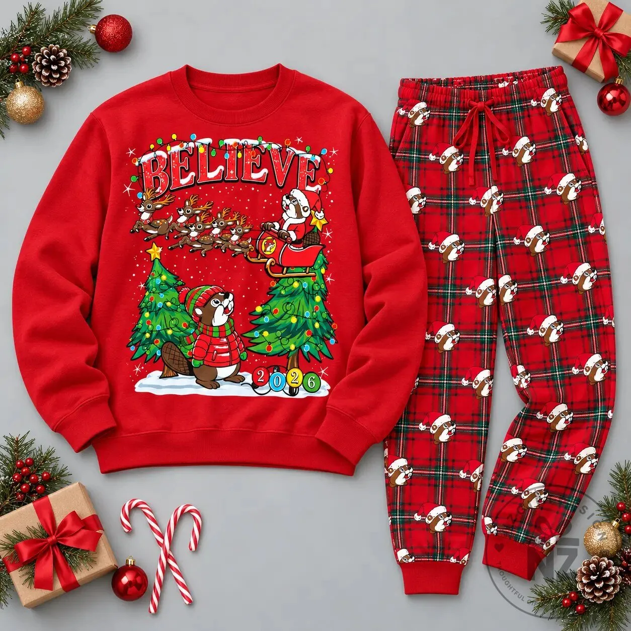 Buc-ee's Christmas Believe Beaver Santa Sleigh Holiday Pajamas Set 5 Buc-ee